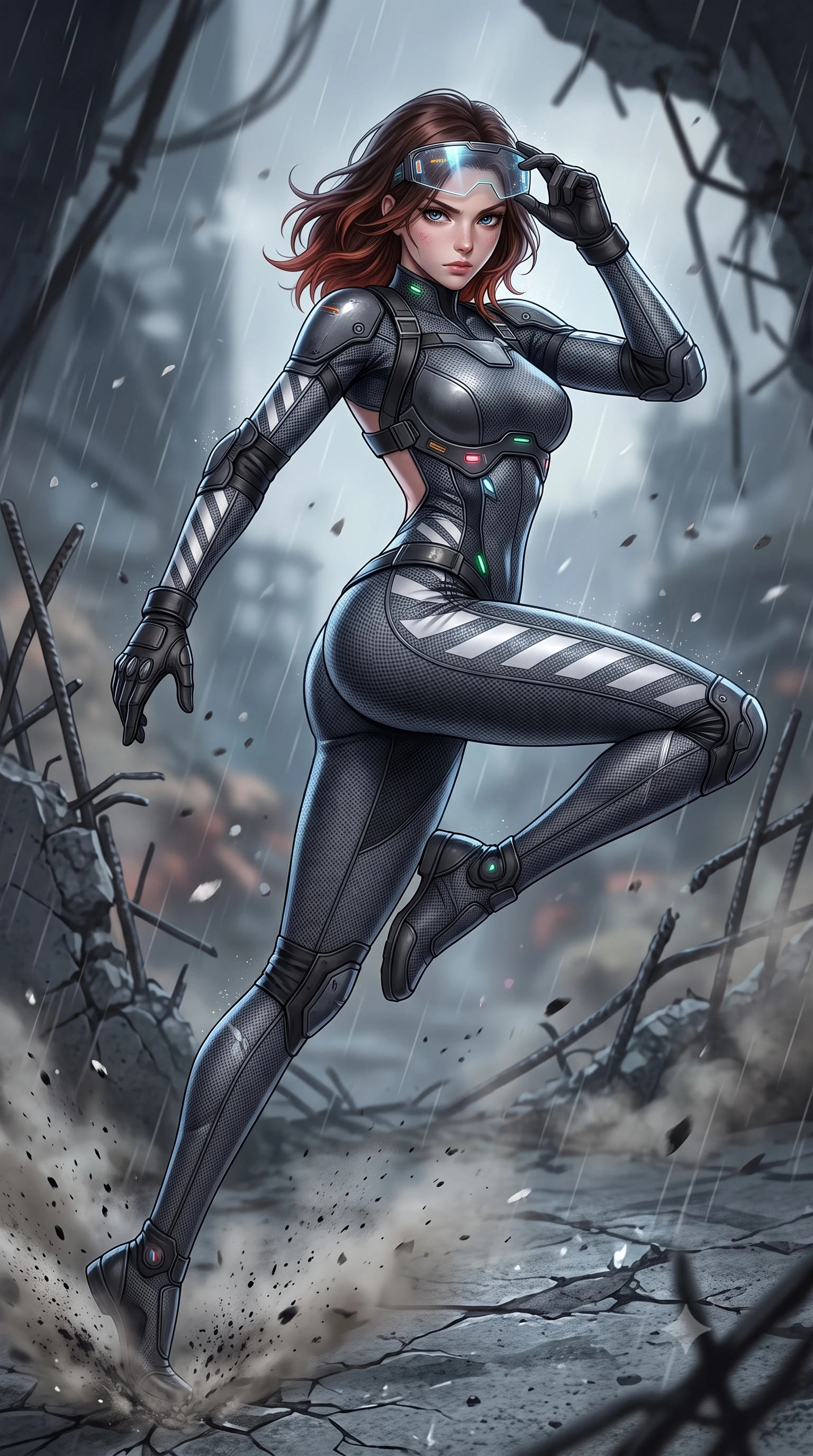 score_9, masterpiece, best quality, ultra-detailed, high-budget anime keyframe, semi-realistic 3D game render, editorial fashion photography, tasteful artistic composition, Korean woman. low angle full-body shot from head to toe showing her feet, filling the entire 9:16 vertical frame with her statuesque presence, stretching her vertical silhouette. pivoting dynamically in a high-speed low sweep kick along the cracked concrete, her athletic torso and ultra-slim waist twisting in a fluid arc of power while retracting her holographic visor with a flick of her fingers, casting an intense, resolute sovereign gaze into the lens. The composition keeps background elements in soft focus with creamy bokeh. twisted structural rebar and falling ash flakes softened in moody atmospheric depth of field. She has an absolutely perfect, statuesque 8.5-heads proportion, an exceptionally tall and slender model-like female figure with impossibly long slender legs, a toned flat midriff, and an ultra-slim waist. sharp v-shaped jawline, high-bridge nose, intricate jewel-like eyes with depth, thick eyelashes, glossy lips with a natural sheen, fierce and resolute heroine expression, flawlessly proportioned anatomical accuracy, strict slender model proportions, natural body alignment, perfectly sculpted long slender limbs, ultra-slim waistline, clean dynamic posture without body distortion. holding a modular carbon battle-helmet under one arm, her flawless face and sculpted neck exposed to the rain with determined warrior focus, paired with a tailored tactical combat jumpsuit with an open-back harness design, reinforced composite breastplate, and high-mobility elbow dampers in storm-grey carbon mesh with high-contrast white hazard stripes, tailored from flexible second-skin ballistic carbon-mesh adhering flawlessly to her athletic build, detailed with kinetic shock-dampening knuckle guards and polished chrome connection joints, the glove-like aerodynamic second-skin fit tightly clinging to her ultra-slender waist and athletic curves without adding bulk, accentuating her razor-sharp statuesque lines and slim hourglass silhouette. surrounded by a majestic, solemn, and fiercely determined lone dystopian savior aura. rich saturated anime colors with glowing neon highlights, detailed shading with soft gradients, rich glossy textures, high-contrast stereoscopic depth, volumetric dynamic lighting, master piece, 9:16 ratio