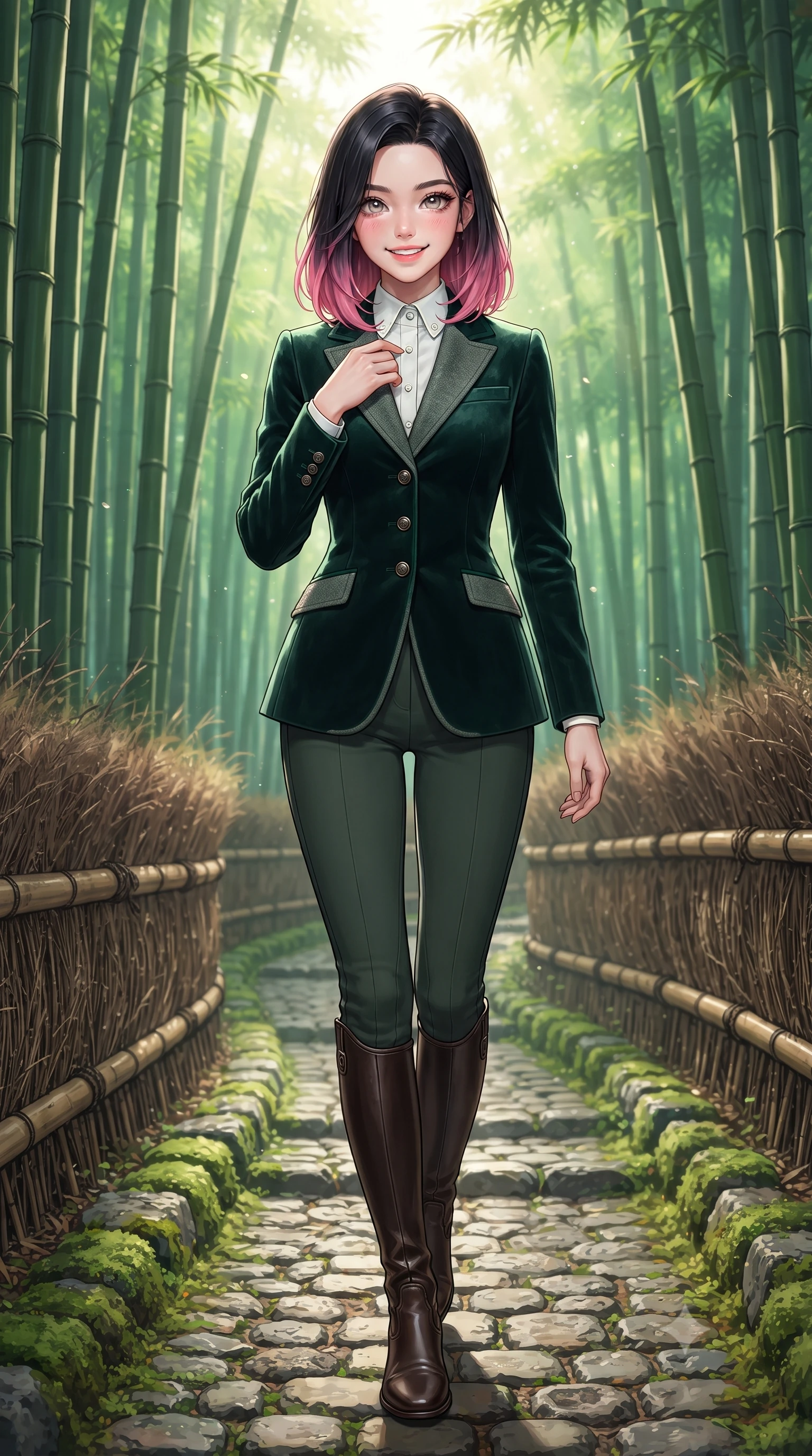 score_9, masterpiece, best quality, ultra-detailed, high-budget anime keyframe, editorial fashion photography, tasteful artistic composition, Korean woman. close-up cowboy shot from the waist and thighs up, the character dominates the composition, filling the frame with her large presence. resting one hand gracefully on her tailored blazer lapel while looking into the camera with bright, sparkling eyes while stepping gracefully along the moss-bordered stone path, her minimalist tailored coat creating a striking, slender vertical line. The surrounding environment is rendered in vivid detail and crisp panoramic clarity: sharp vertical ridges on bamboo stalks, textured cobblestones on forest path, and woven bamboo railing cordage in deep focus. She has an exceptionally elegant, slender, and willowy female figure with an ultra-slim waist, flat toned midriff, narrow ribcage, and sculpted feminine hips creating an alluring, slim hourglass silhouette without bulk. sharp v-shaped jawline, high-bridge nose, intricate jewel-like sparkling eyes with depth, thick eyelashes, glossy parted lips with a natural peach sheen, bright cheerful beaming smile with an enchanting and coquettish sensual glint, exuding both youthful cute charm and seductive allure, flawlessly proportioned anatomical accuracy, strict slender model proportions, natural body alignment, perfectly sculpted long slender limbs, ultra-slim waistline, clean dynamic posture without body distortion. wearing a tailored velvet collar wool equestrian blazer paired with slim-cut riding trousers and knee-high leather boots in St. Moritz pine forest emerald and heather grey, crafted from fluid mulberry silk twill with an understated lustrous pearl finish, featuring delicate tonal horn buttons and meticulous hand-stitched pick-lapel borders, the streamlined silhouette following her natural slender proportions with sophisticated poise, enhancing her tall willowy presence. bathed in ethereal shafts of morning sunlight (komorebi) piercing through dense emerald bamboo canopies. ultra-reflective glossy finish, specular highlights, rich textural contrasts, high-contrast stereoscopic depth, volumetric dynamic lighting, 2k, ultra detail, master piece, 9:16 ratio