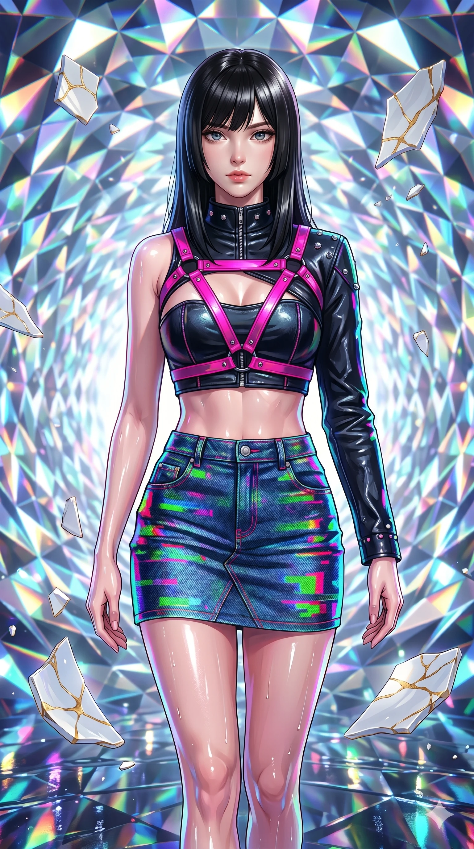 score_9, masterpiece, best quality, ultra-detailed, high-budget anime keyframe, editorial fashion photography, tasteful artistic composition, Caucasian woman, strictly human ears. upper body close-up from the thighs up, character filling the screen for maximum presence. stepping gracefully onto through a kaleidoscope tunnel made of shifting diamond prisms as shards of porcelain and gold kintsugi float in suspension. She has an absolutely perfect 8-heads proportion, an exceptionally tall and slender female figure with impossibly long slender legs and an ultra-slim waist. V-shaped jawline, high-bridge nose, intricate jewel-like eyes with depth, thick eyelashes, glossy lips with a natural sheen.. wearing a glitch denim and studded leather outfit, featuring an RGB glitch pattern denim structured mini-skirt, a single-sleeve cropped leather jacket, and neon pink harness straps. illuminated by the brilliant neon reflections bouncing off wet surfaces, emphasizing her skin tone. 2k, ultra detail, master piece, 9:16 ratio