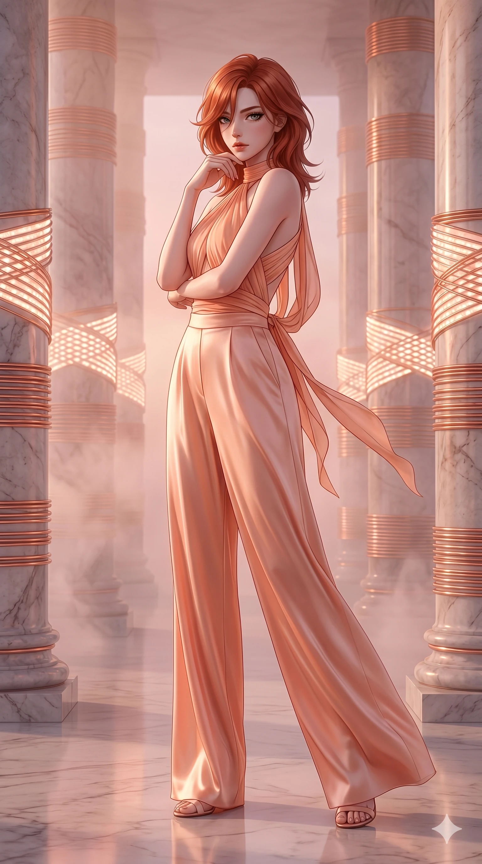 score_9, masterpiece, best quality, ultra-detailed, high-budget anime keyframe, editorial fashion photography, tasteful artistic composition, Korean woman. cowboy shot from the thighs up, character and outfit filling the frame for maximum editorial presence. Resting her chin on the backs of her fingers in a confident pose within a hall of giant marble pillars wrapped in bands of glowing copper wire. She has an absolutely perfect 8-heads proportion, an exceptionally tall and slender female figure with impossibly long slender legs and an ultra-slim waist. V-shaped jawline, high-bridge nose, intricate jewel-like eyes with depth, thick eyelashes, glossy lips with a natural sheen. wearing a draped halter top in peach chiffon with an open back, paired with matching wide-leg trousers in flowing satin. bathed in soft rose-gold dawn light filtering through atmospheric volumetric fog that wraps her silhouette. 2k, ultra detail, master piece, 9:16 ratio