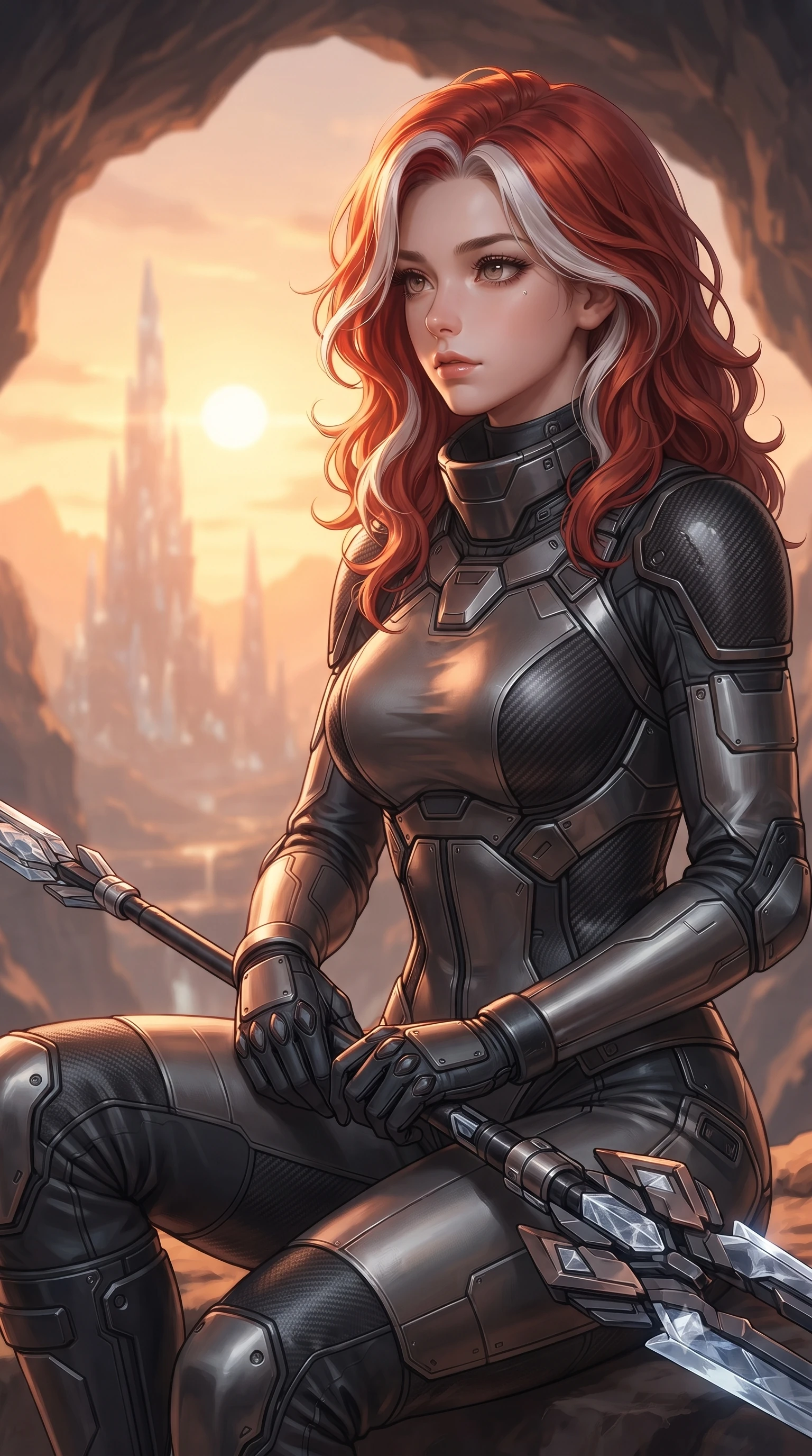 score_9, masterpiece, best quality, ultra-detailed, high-budget anime keyframe, editorial fashion photography, tasteful artistic composition, Caucasian woman. close-up cowboy shot from the waist and thighs up, the character dominates the composition, filling the frame with her large presence, background elements kept in soft focus. holding a deactivated nanotech glaive, looking past the camera with quiet, sharp focus and a composed expression, the background shows a soft-focus a crystal spires valley view from a high cavern opening in a mountain cliff. She has an exceptionally elegant, slender, and willowy female figure with an ultra-slim waist, a gracefully sculpted slender torso, and a refined silhouette. sharp v-shaped jawline, high-bridge nose, intricate jewel-like eyes with depth, thick eyelashes, glossy lips with a natural sheen. wearing a form-contouring heavy-duty hazard suit with carbon reinforcement panels, featuring a high-neck protective collar and safety boots. warm sunset light from a distant binary sun, casting a peaceful orange wash. ultra-reflective glossy finish, specular highlights, metallic sheen, high-contrast stereoscopic depth, volumetric dynamic lighting, 2k, ultra detail, master piece, 9:16 ratio