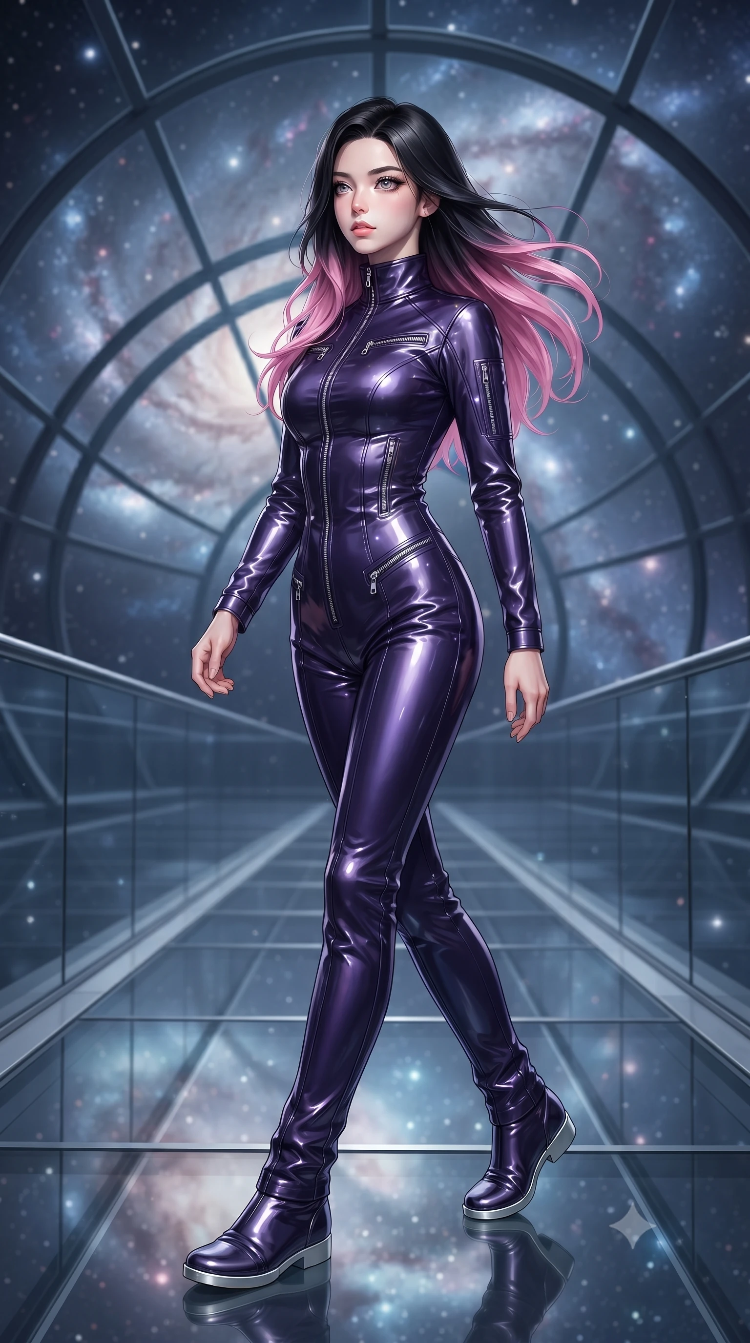 score_9, masterpiece, best quality, ultra-detailed, high-budget anime keyframe, editorial fashion photography, tasteful artistic composition, Korean woman. low angle full-body shot from head to toe showing her feet, filling the entire 9:16 vertical frame with her statuesque presence, stretching her vertical silhouette. walking slowly along a glass skybridge, looking back over her shoulder with an air of effortless grace, the background shows a soft-focus a void observatory looking at a galaxy nebula in stardust under a dome. She has an absolutely perfect, statuesque 8.5-heads proportion, an exceptionally tall and slender model-like female figure with impossibly long slender legs and an ultra-slim waist. sharp v-shaped jawline, high-bridge nose, intricate jewel-like eyes with depth, thick eyelashes, glossy lips with a natural sheen. wearing a form-contouring form-contouring pilot flight suit in deep purple liquid vinyl, featuring a snug mock-neck and chrome zippers. soft silver starlight wrapping her statuesque posture in a quiet mood. ultra-reflective glossy finish, specular highlights, metallic sheen, high-contrast stereoscopic depth, volumetric dynamic lighting, 2k, ultra detail, master piece, 9:16 ratio