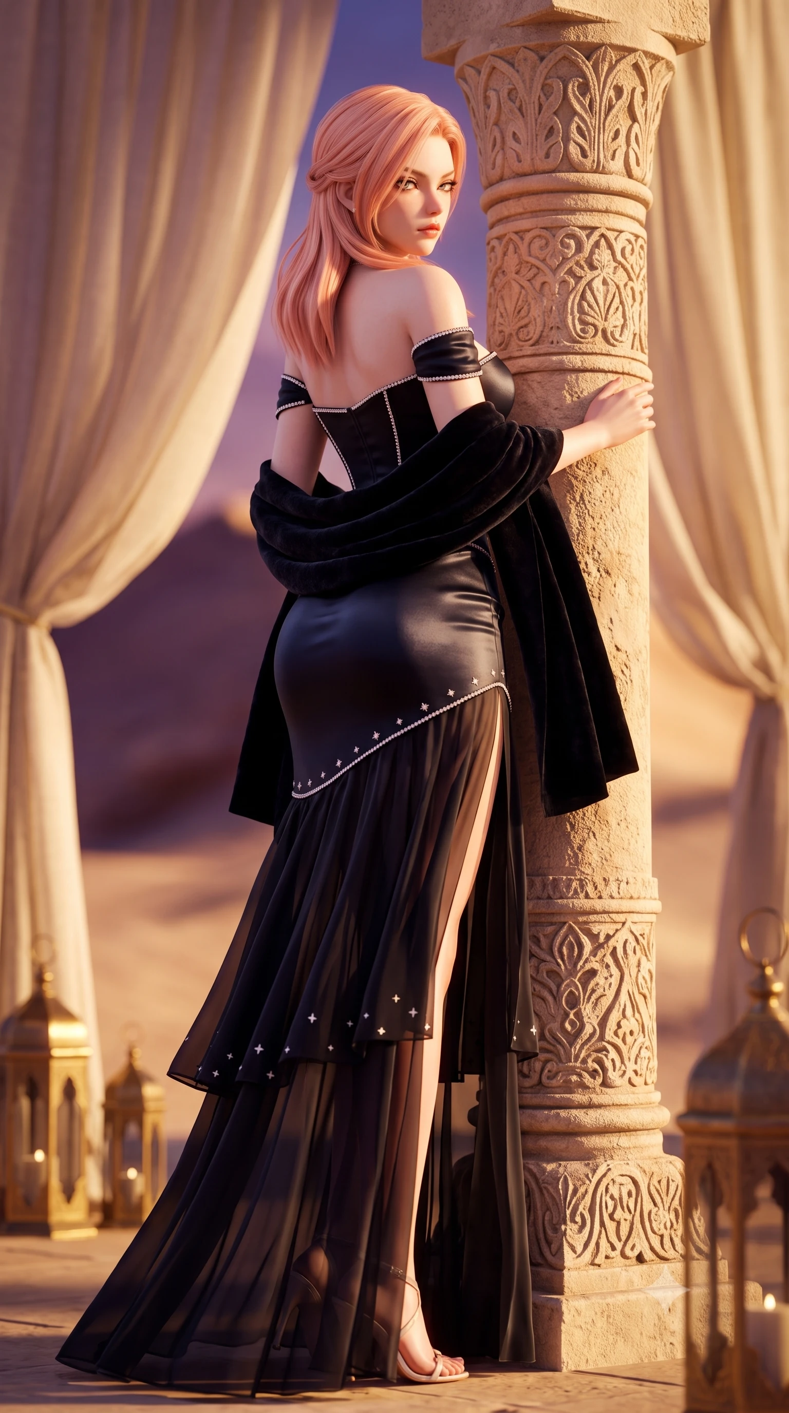 score_9, masterpiece, best quality, ultra-detailed, high-budget anime keyframe, semi-realistic 3D game render, editorial fashion photography, tasteful artistic composition, Japanese woman. low angle full-body shot from head to toe showing her feet, filling the entire 9:16 vertical frame with her statuesque presence, stretching her vertical silhouette. executing an elegant mid-motion pivot turn as garments swirl around her slender limbs, glancing over her shoulder with an intoxicating bedroom-gaze while leaning against a carved desert limestone pillar with hips cocked back, looking over her bare shoulder with fierce, queenly bedroom-eyes. The composition keeps background elements in soft focus with creamy bokeh. billowing cream linen shade drapes and brass lanterns softened in exotic desert shallow focus. She has an exceptionally tall and slender model-like 8.5-heads proportion, an ultra-slim waist, a flat toned midriff, narrow delicate ribcage, and beautifully sculpted feminine hips creating a graceful, slim hourglass silhouette without any bulky heaviness, with impossibly long slender legs. sharp v-shaped jawline, high-bridge nose, intricate jewel-like eyes with depth, thick eyelashes, glossy parted lips with a natural sheen, intensely captivating and seductive bedroom-eyes expression, flawlessly proportioned anatomical accuracy, strict slender model proportions, natural body alignment, perfectly sculpted long slender limbs, ultra-slim waistline, clean dynamic posture without body distortion. wearing an off-shoulder French court corset bodice dress paired with a tiered translucent chiffon slit skirt in pitch-black velvet with diamond crystal trim, tailored from ultra-smooth duchess satin with a pearlescent sheen, complemented by a plush velvet shawl draped loosely over her elbows, the liquid-tight tailored fabric clinging flawlessly to her narrow waist and rounded feminine hips, emphasizing every millimeter of her sculpted slim hourglass curves without any bulky heaviness. bathed in breathtaking desert sunset backlighting in molten gold and deep violet tones. highly saturated vibrant anime colors, detailed shading with soft gradients, rich glossy textures, high-contrast stereoscopic depth, volumetric dynamic lighting, master piece, 9:16 ratio