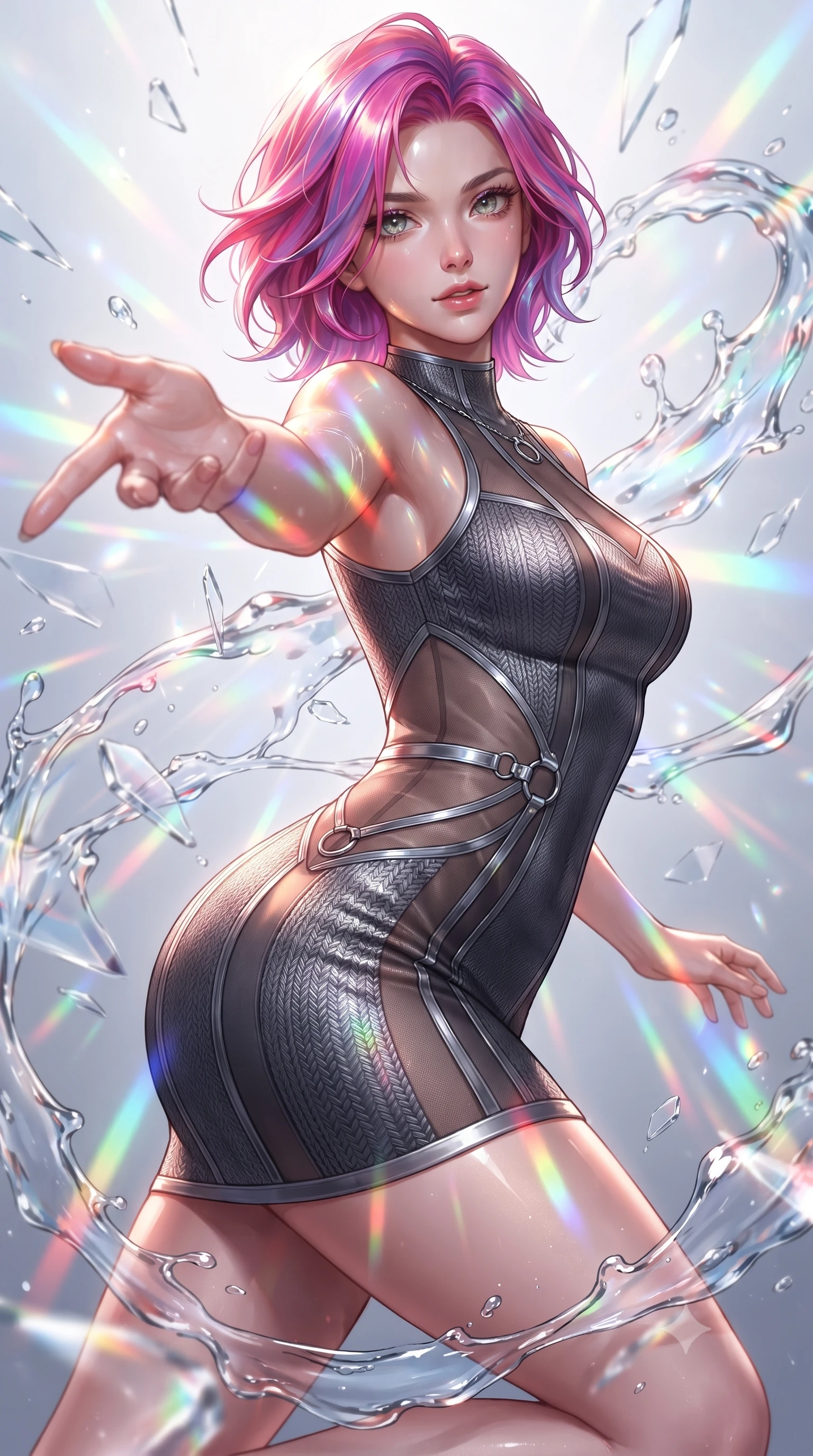 score_9, masterpiece, best quality, ultra-detailed, high-budget anime keyframe, editorial fashion photography, tasteful artistic composition, Caucasian woman. close-up cowboy shot from the waist and thighs up, the character dominates the composition, filling the frame with her large presence, background elements kept in soft focus. Reaching her hand gracefully toward the camera with magnetic allure, her torso turning in a dynamic S-curve alignment while performing a dynamic mid-air rotation amidst swirling rainbow liquid acrylic splashes, shattered glass prisms scattering intense rainbow light rays across her athletic build. She has an exceptionally elegant, slender, and willowy female figure with an ultra-slim waist, a gracefully sculpted slender torso, and a refined silhouette. sharp v-shaped jawline, high-bridge nose, intricate jewel-like eyes with depth, thick eyelashes, glossy lips with a natural sheen, flawlessly proportioned anatomical accuracy, natural body alignment, perfectly sculpted elegant limbs, clean dynamic posture without body distortion. wearing a sleek bodycon knit dress with strategic sheer organza sleeve panels in charcoal grey and platinum, woven from fine semi-opaque sheer organza, accented with delicate chrome ring hardware framing her waist, the form-contouring material highlighting her ultra-slim waist and long lines. bathed in brilliant multi-color rainbow light refracting through floating glass prisms. ultra-reflective glossy finish, specular highlights, metallic sheen, high-contrast stereoscopic depth, volumetric dynamic lighting, 2k, ultra detail, master piece, 9:16 ratio