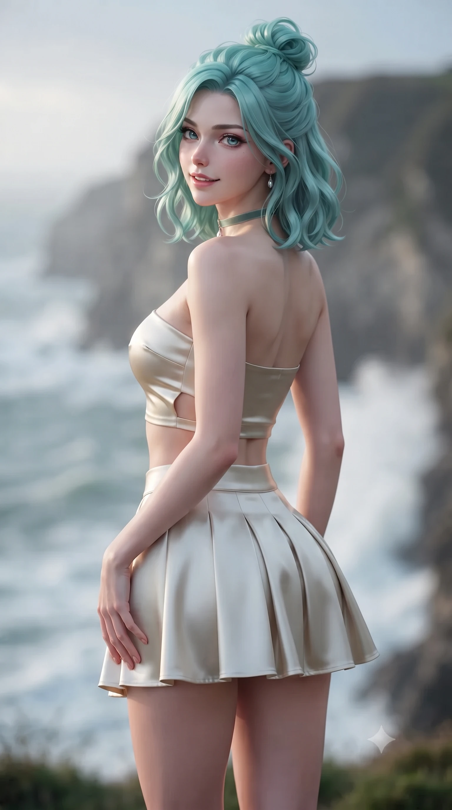 score_9, masterpiece, best quality, ultra-detailed, high-budget anime keyframe, editorial fashion photography, tasteful artistic composition, Japanese woman. close-up cowboy shot from the waist and thighs up, the character dominates the composition, filling the frame with her large presence. tilting her head with a teasing half-smile, running one hand slowly down the side of her hip in a flirtatious S-curve as ambient light caresses her silhouette while posing in an alluring rear three-quarter angle with hips cocked back, glancing over her shoulder with an enchanting, parted-lip smile. The background shows a soft-focus foaming sea spray softened in dramatic Normandy clifftop shallow focus. She has an exceptionally elegant, slender, and willowy female figure with an ultra-slim waist, flat toned midriff, narrow ribcage, and sculpted feminine hips creating an alluring, slim hourglass silhouette without bulk. sharp v-shaped jawline, high-bridge nose, intricate jewel-like sparkling eyes with depth, thick eyelashes, glossy parted lips with a natural peach sheen, bright cheerful beaming smile with an enchanting and coquettish sensual glint, exuding both youthful cute charm and seductive allure, flawlessly proportioned anatomical accuracy, strict slender model proportions, natural body alignment, perfectly sculpted long slender limbs, ultra-slim waistline, clean dynamic posture without body distortion. wearing an ultra-cropped fitted bandeau top paired with a micro mini tennis skirt revealing her flat toned midriff in Deauville Belle Époque champagne luster and seafoam pearl, crafted from fluid liquid silk satin that clings smoothly to her narrow waist and rounded hips with a dewy sheen, finished with a thin velvet ribbon choker and a single teardrop diamond pendant, the precision-cut side openings and low-back scoop framing her graceful spine and the sensual sweep of her slim, toned hips. illuminated by white chalk reflection bounce and sharp gold-cyan dual rim lights sculpting her features, flat midriff, and slender waist. ultra-reflective glossy finish, specular highlights, rich textural contrasts, high-contrast stereoscopic depth, volumetric dynamic lighting, 2k, ultra detail, master piece, 9:16 ratio