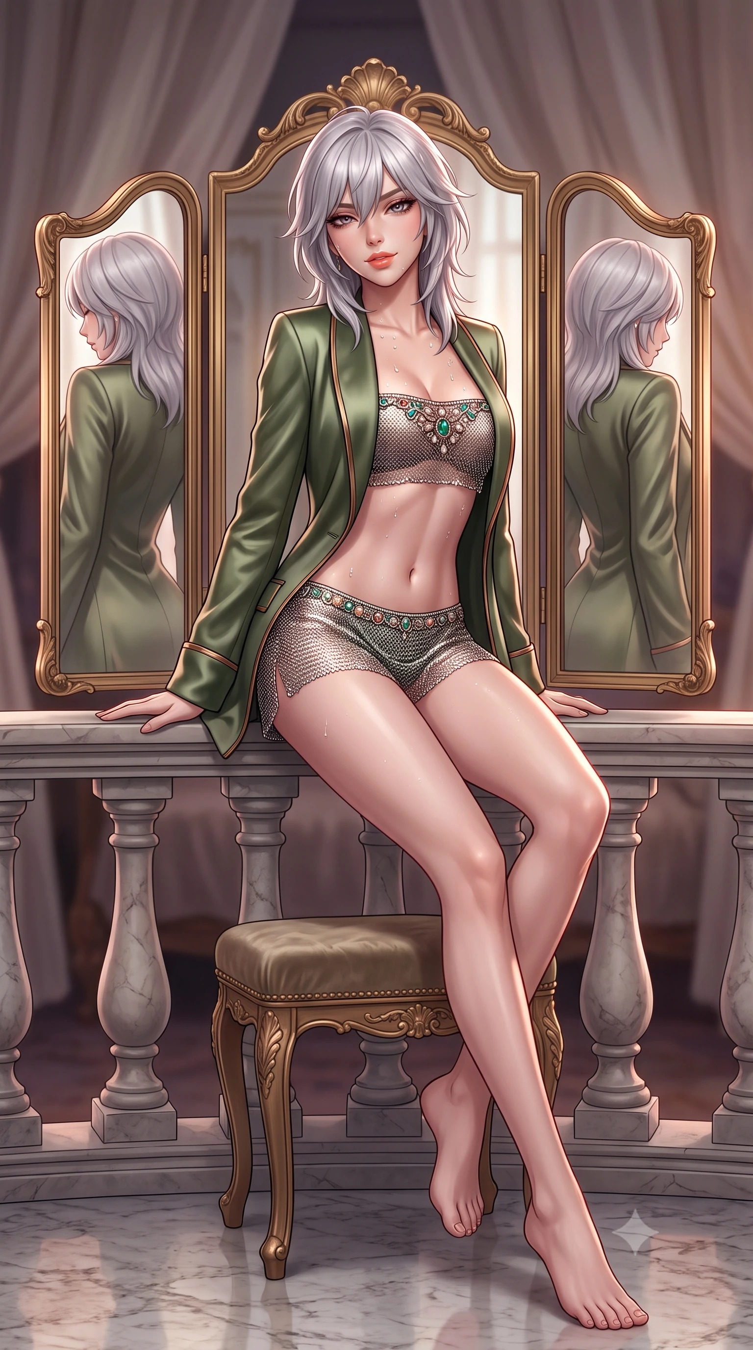 score_9, masterpiece, best quality, ultra-detailed, high-budget anime keyframe, semi-realistic 3D game render, editorial fashion photography, tasteful artistic composition, Japanese woman. low angle full-body shot from head to toe showing her feet, filling the entire 9:16 vertical frame with her statuesque presence, stretching her vertical silhouette. leaning deep against the balcony balustrade with hips cocked back in an unapologetically alluring high-fashion stance, casting an intoxicating glance while sitting poised at the antique gilded trifold vanity mirror, arching her back with seductive indulgence as multiple reflections capture her curves. The background shows a soft-focus silk canopy drapes softened in haute private boudoir shallow focus. She has an absolutely perfect, statuesque 8.5-heads proportion, an exceptionally tall and slender model-like female figure with impossibly long slender legs, an ultra-slim waist, a flat toned midriff, narrow delicate ribcage, and beautifully sculpted feminine hips creating a graceful, slim hourglass silhouette without any bulky heaviness. sharp v-shaped jawline, high-bridge nose, sparkling eyes with hypnotic seductive depth, thick curled eyelashes, glossy parted lips with a natural dewy peach sheen, alluring bedroom-eyes with an enchanting coquettish smile, exuding magnetic siren charisma and sophisticated glamour, flawlessly proportioned anatomical accuracy, strict slender model proportions, natural body alignment, perfectly sculpted long slender limbs, ultra-slim waistline, clean dynamic posture without body distortion. wearing a tailored open-front satin smoking jacket worn over a jewel-embellished bandeau and micro-shorts in Arashiyama moss green and antique bronze, crafted from shimmering fluid chainmail mesh reflecting ambient lights, finished with glistening drops of hot spring or lagoon water beading across her sculpted shoulders and collarbones, the form-contouring silhouette accentuating her sculpted flat midriff, narrow delicate ribcage, and gracefully curvy hips with intoxicating allure. illuminated by trifold mirror reflection bounce and sharp rose-gold rim lights defining her jawline, flat midriff, and voluptuous hip curves. highly saturated vibrant anime colors, detailed shading with soft gradients, rich glossy textures, high-contrast stereoscopic depth, volumetric dynamic lighting, master piece, 9:16 ratio