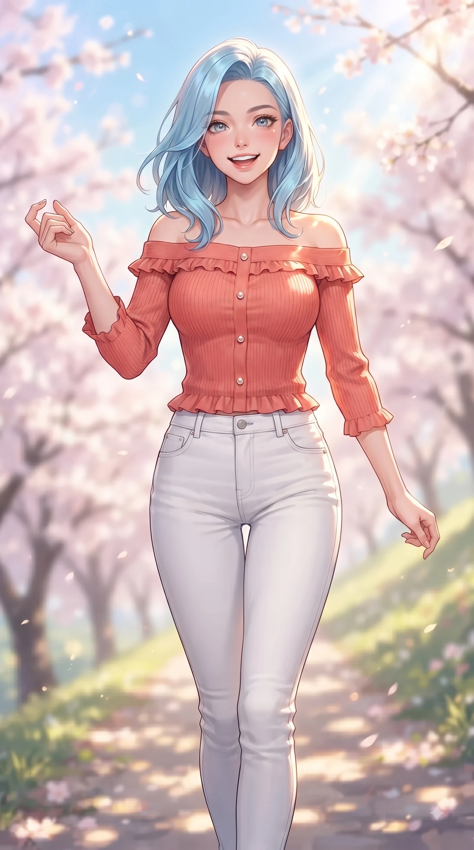 score_9, masterpiece, best quality, ultra-detailed, high-budget anime keyframe, editorial fashion photography, tasteful artistic composition, Korean woman. close-up cowboy shot from the waist and thighs up, the character dominates the composition, filling the frame with her large presence. Fresh enchanting smile, her eyes twinkling like jewels in the bright sunlight as one arm reaches out cheerfully while walking up a gentle hill path lined with blooming sakura cherry trees in full spring bloom. The composition keeps background elements in soft focus with dreamy bokeh. pastel spring sky refractions and flower branches blurred in smooth creamy depth. She has an exceptionally elegant, slender, and willowy female figure with an ultra-slim waist, a gracefully sculpted slender torso, and a refined silhouette. sharp v-shaped jawline, high-bridge nose, intricate jewel-like eyes with depth, thick eyelashes, glossy lips with a natural sheen, flawlessly proportioned anatomical accuracy, natural body alignment, perfectly sculpted elegant limbs, clean dynamic posture without body distortion. wearing a stylish off-shoulder coral knit top with slim-fit white stretch denim pants in ocean turquoise and sea-salt white, crafted from soft breathable linen, finished with subtle ruffle trims and delicate pearl buttons, the soft airy drape swaying gracefully with her dynamic movements. bathed in bright morning sunbeams and warm golden sakura backlighting. ultra-reflective glossy finish, specular highlights, metallic sheen, high-contrast stereoscopic depth, volumetric dynamic lighting, 2k, ultra detail, master piece, 9:16 ratio