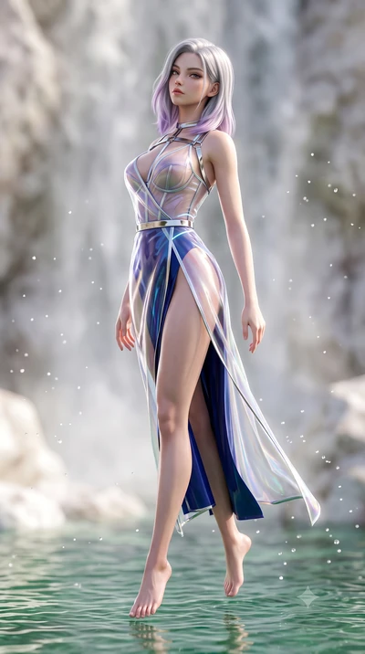 score_9, masterpiece, best quality, ultra-detailed, high-budget anime keyframe, semi-realistic 3D game render, editorial fashion photography, tasteful artistic composition, Caucasian woman. low angle full-body shot from head to toe showing her feet, 