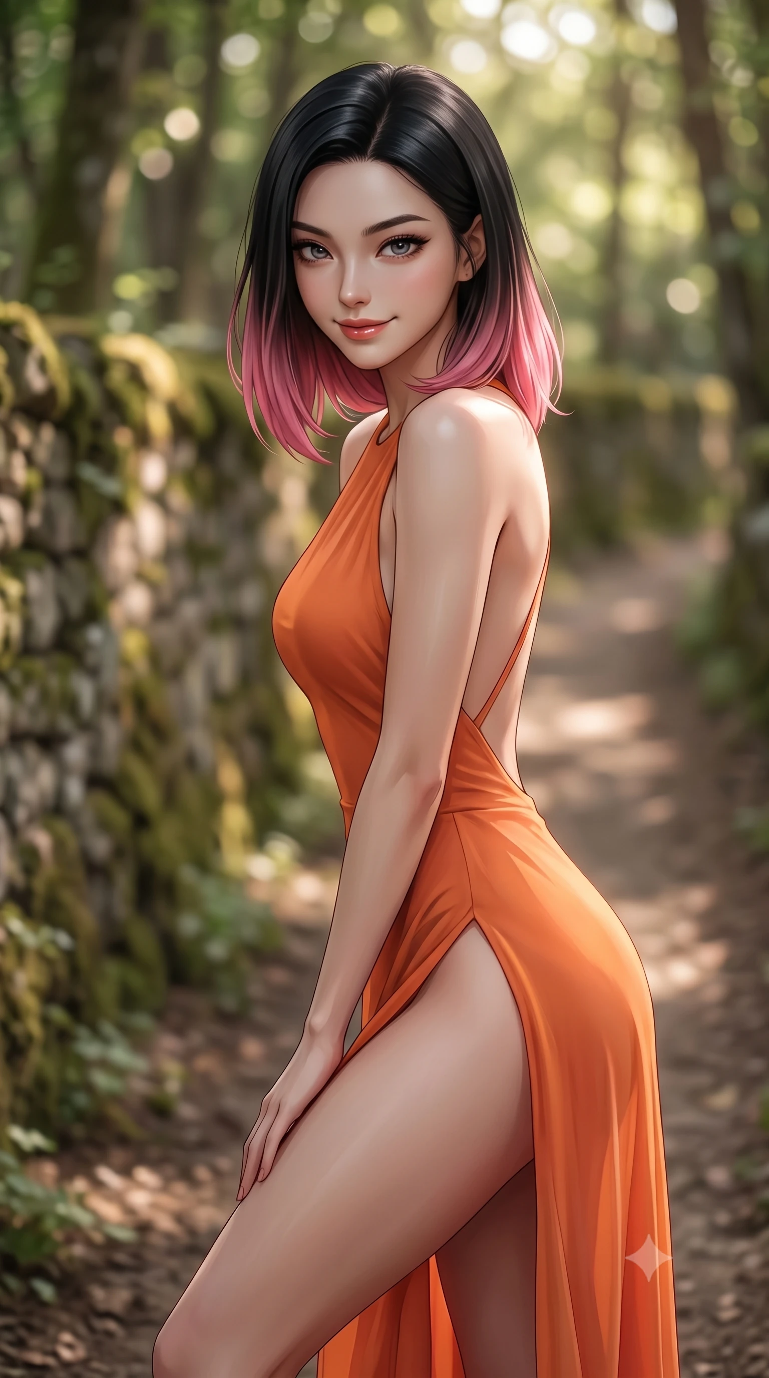 score_9, masterpiece, best quality, ultra-detailed, high-budget anime keyframe, editorial fashion photography, tasteful artistic composition, Korean woman woman. close-up cowboy shot from the waist and thighs up, the character dominates the composition, filling the frame with her large presence, background elements kept in soft focus. leaning slightly forward with a playful, teasing smile, her gaze locked onto the viewer the background shows a soft-focus a narrow dirt path beside an old mossy stone wall in a quiet oak forest. She has an exceptionally elegant, slender, and willowy female figure with an ultra-slim waist, a gracefully sculpted slender torso, and a refined silhouette. sharp v-shaped jawline, high-bridge nose, intricate jewel-like eyes with depth, thick eyelashes, glossy lips with a natural sheen. wearing a body-hugging high-slit resort gown in sunset orange chiffon, featuring a daring thigh-slit and open back. dappled sunlight filtering through the forest canopy, creating soft highlights. 2k, ultra detail, master piece, 9:16 ratio