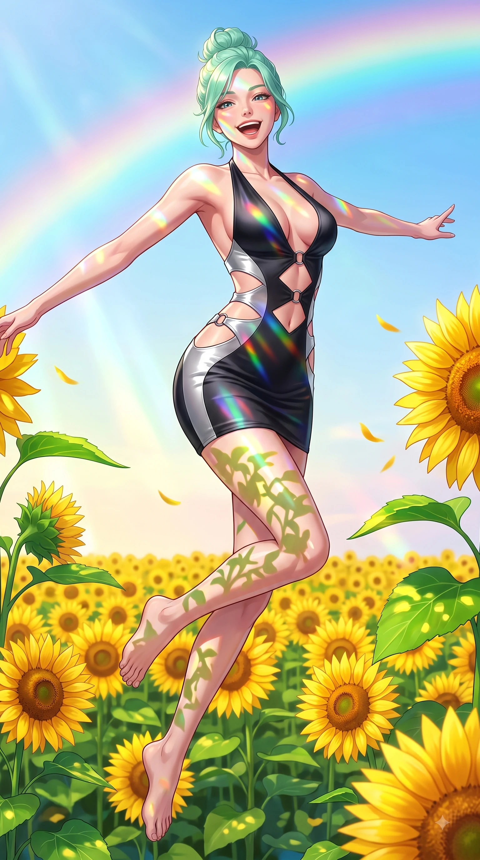 score_9, masterpiece, best quality, ultra-detailed, high-budget anime keyframe, editorial fashion photography, tasteful artistic composition, Japanese woman. low angle full-body shot from head to toe showing her feet, filling the entire 9:16 vertical frame with her statuesque presence, stretching her vertical silhouette. pivoting dynamically in zero-gravity with a delighted laughing expression, displaying her perfect model proportions while leaping with pure joy across a endless field of blooming golden sunflowers under a rainbow sky, bright green leaves and golden petals casting cheerful organic stencil shadows. She has an absolutely perfect, statuesque 8.5-heads proportion, an exceptionally tall and slender model-like female figure with impossibly long slender legs and an ultra-slim waist. sharp v-shaped jawline, high-bridge nose, intricate jewel-like eyes with depth, thick eyelashes, glossy lips with a natural sheen, flawlessly proportioned anatomical accuracy, natural body alignment, perfectly sculpted elegant limbs, clean dynamic posture without body distortion. wearing a deep-scoop halter bodycon dress with hip cutouts connected by silver rings in matte black and polished silver, crafted from smooth liquid silk, featuring subtle geometric cutouts that highlight her ultra-slim midriff, the form-contouring material highlighting her ultra-slim waist and long lines. illuminated by dazzling rainbow refractions and bright, cheerful ambient sky glow. highly saturated vibrant anime colors, detailed shading with soft gradients, rich glossy textures, high-contrast stereoscopic depth, volumetric dynamic lighting, master piece, 9:16 ratio