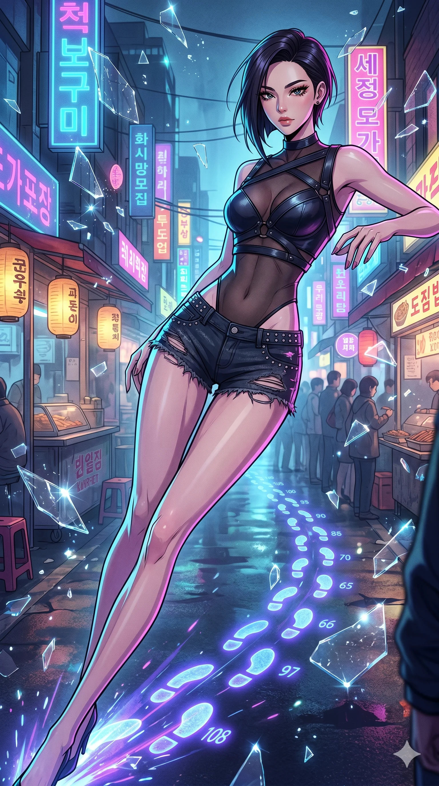 score_9, masterpiece, best quality, ultra-detailed, Set A: High-budget Anime Keyframe, Korean woman. Upper body close-up from the thighs up, character filling the screen for maximum presence. Sliding through a neon-lit Neo-Seoul market, as she leaves a trail of 108 glowing footprints and surrounded by shattered glass fragments. She has an absolutely perfect 8-heads proportion, an exceptionally tall and slender female figure with impossibly long slender legs and an ultra-slim waist. Sharp v-shaped jawline, high-bridge nose, intricate jewel-like eyes with depth, thick eyelashes, glossy lips with a natural sheen. Wearing Asymmetrical leather harness over a sheer mesh leotard and studded micro-shorts. Cinematic lighting, vibrant colors, dramatic shadows, 2k, ultra detail, master piece, 9:16 ratio