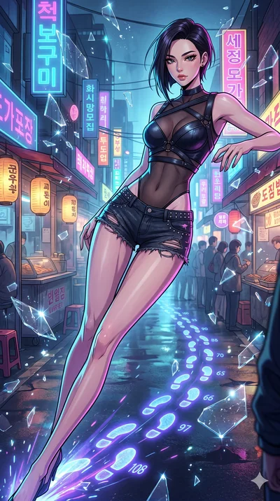 score_9, masterpiece, best quality, ultra-detailed, Set A: High-budget Anime Keyframe, Korean woman. Upper body close-up from the thighs up, character filling the screen for maximum presence. Sliding through a neon-lit Neo-Seoul market, as she leaves