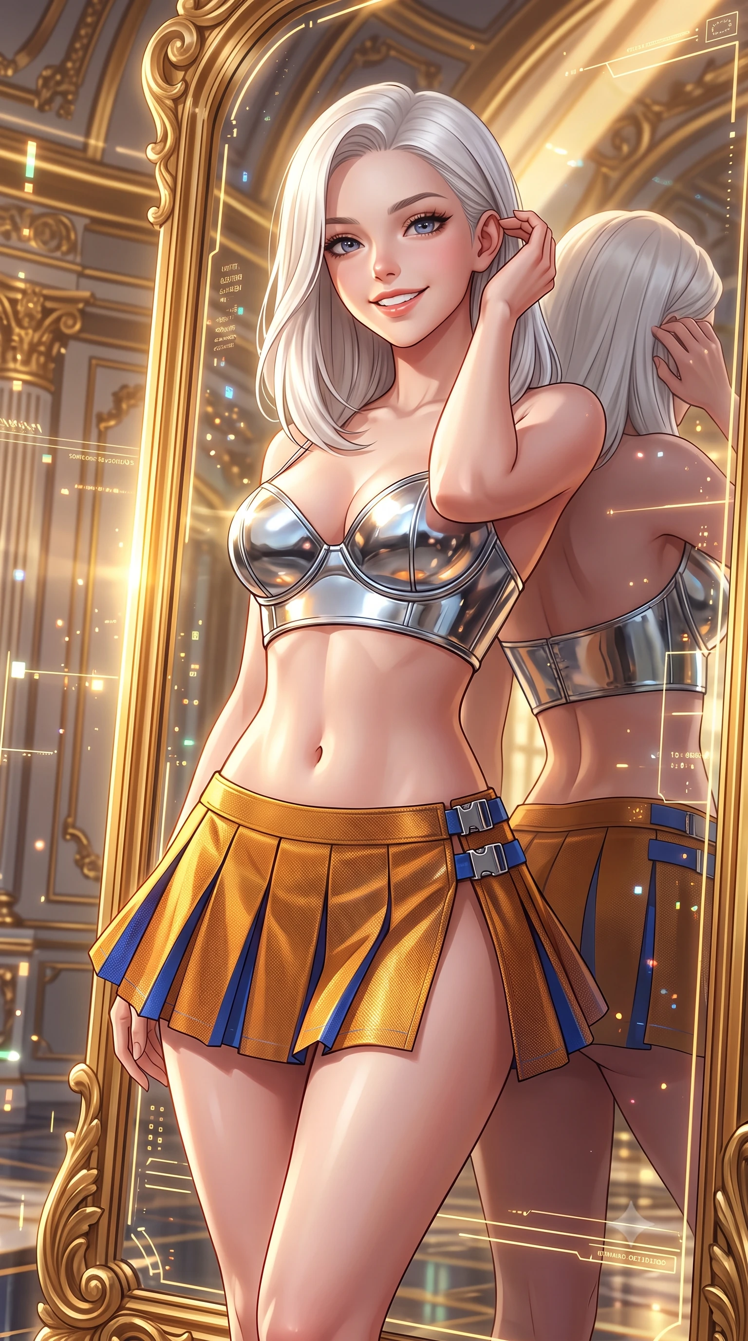 score_9, masterpiece, best quality, ultra-detailed, high-budget anime keyframe, semi-realistic 3D game render, editorial fashion photography, tasteful artistic composition, Caucasian woman. close-up cowboy shot from the waist and thighs up, the character dominates the composition, filling the frame with her large presence. gently brushing a lock of hair behind her ear while casting a playful, flirtatious side-gaze with long eyelashes while leaning against the gilded smart-mirror pier with hips cocked back, looking through infinite holographic reflections with intoxicated smoldering bedroom-eyes. The surrounding environment is rendered in vivid detail and crisp panoramic clarity: detailed anime styling, glossy highlights, and royal cybernetic palace craft in high resolution. She has an exceptionally elegant, slender, and willowy female figure with an ultra-slim waist, flat toned midriff, narrow ribcage, and sculpted feminine hips creating an alluring, slim hourglass silhouette without bulk. sharp v-shaped jawline, high-bridge nose, intricate jewel-like sparkling eyes with depth, thick eyelashes, glossy parted lips with a natural peach sheen, bright cheerful beaming smile with an enchanting and coquettish sensual glint, exuding both youthful cute charm and seductive allure, flawlessly proportioned anatomical accuracy, strict slender model proportions, natural body alignment, perfectly sculpted long slender limbs, ultra-slim waistline, clean dynamic posture without body distortion. wearing a chrome-plated structured underwire bustier top paired with an ultra-short low-rise pleated micro mini skirt in Jovian amber and electric storm cobalt, tailored from high-density tech-wool with subtle metallic thread weave, finished with sleek magnetic buckle closures fluttering in the breeze, the high-slit wrap tailoring accentuating her ultra-slim waistline and the enchanting curve of her feminine hips with alluring seductive charm. illuminated by mirror reflection bounce and sharp sunburst-gold rim lights defining her jawline, narrow waist, and curvy hips. highly saturated vibrant anime colors, detailed shading with soft gradients, rich glossy textures, high-contrast stereoscopic depth, volumetric dynamic lighting, master piece, 9:16 ratio