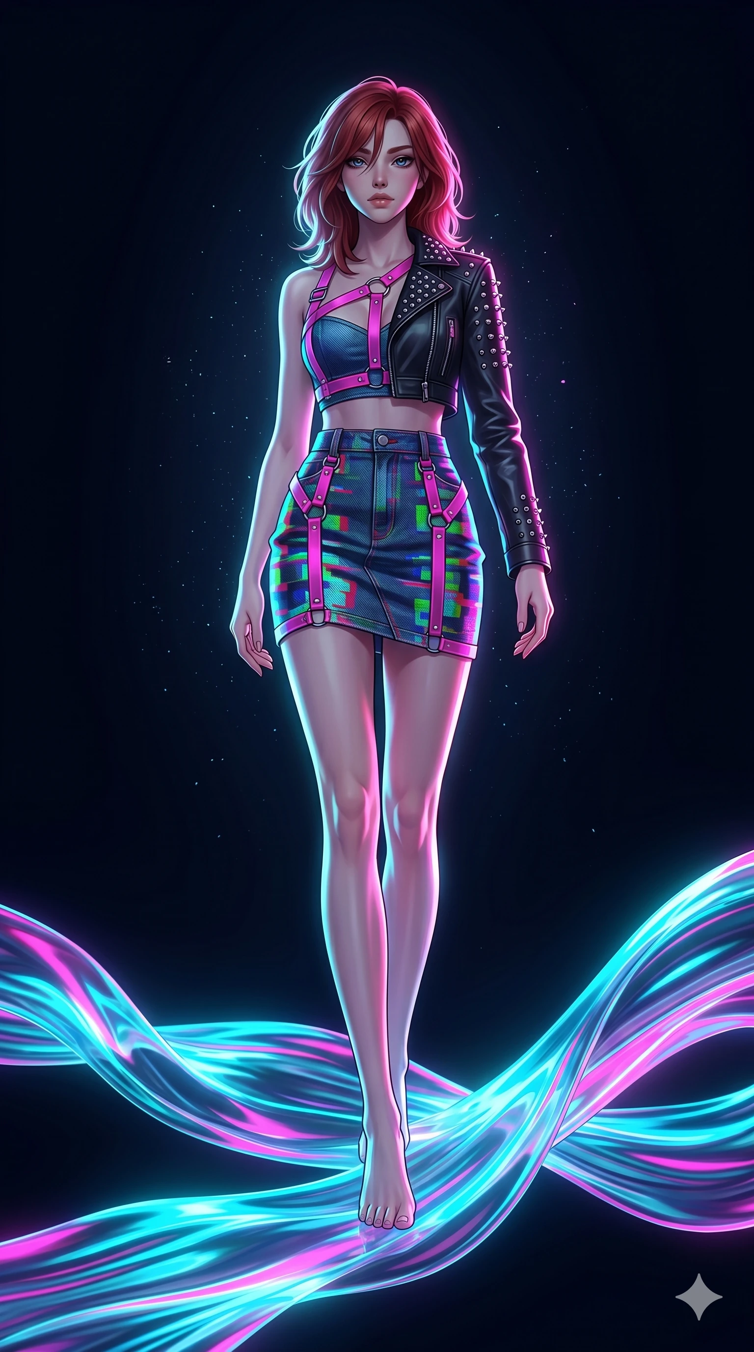 score_9, masterpiece, best quality, ultra-detailed, high-budget anime keyframe, Korean woman. low angle full-body shot filling the entire 9:16 frame with her statuesque presence, stretching the vertical silhouette. stepping on holographic fluid ribbons of sound that ripple with cyan and magenta light in a dark virtual void. She has an absolutely perfect 8-heads proportion, an exceptionally tall and slender female figure with impossibly long slender legs and an ultra-slim waist. V-shaped jawline, high-bridge nose, intricate jewel-like eyes with depth, thick eyelashes, glossy lips with a natural sheen.. wearing a glitch denim and studded leather outfit, featuring an RGB glitch pattern denim structured mini skirt, a single-sleeve cropped leather jacket, and neon pink harness straps. illuminated by dramatic chiaroscuro casting soft shadows along her elegant contours, with vibrant backlighting highlighting the dust particles. 2k, ultra detail, master piece, 9:16 ratio