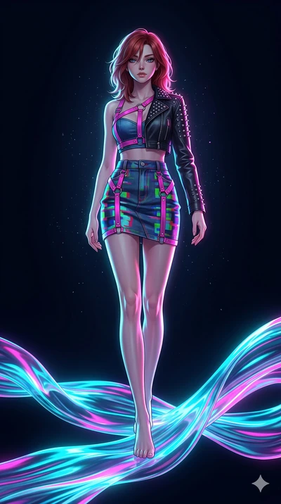 score_9, masterpiece, best quality, ultra-detailed, high-budget anime keyframe, Korean woman. low angle full-body shot filling the entire 9:16 frame with her statuesque presence, stretching the vertical silhouette. stepping on holographic fluid ribbo