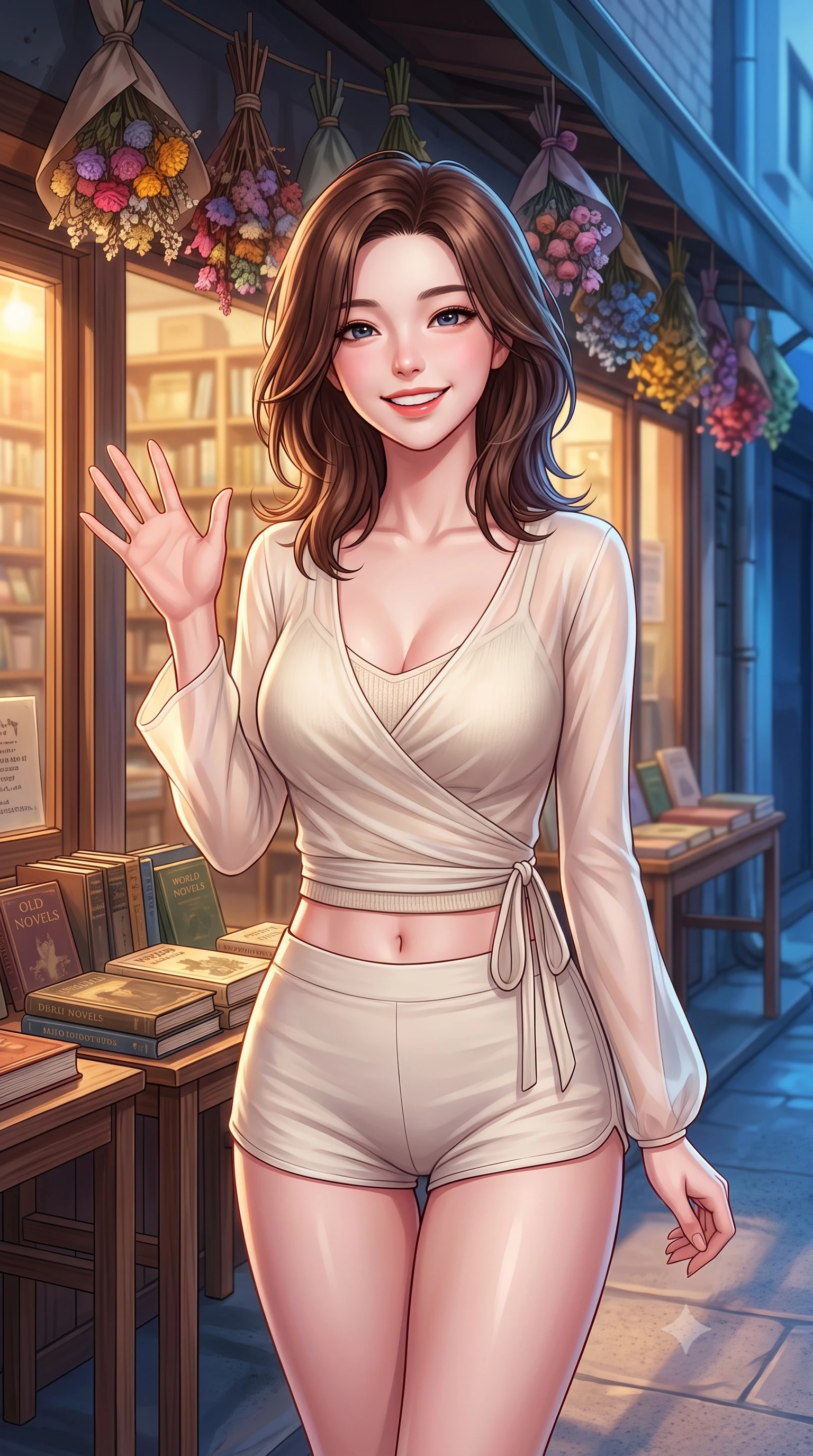 score_9, masterpiece, best quality, ultra-detailed, high-budget anime keyframe, editorial fashion photography, tasteful artistic composition, Korean woman. close-up cowboy shot from the waist and thighs up, the character dominates the composition, filling the frame with her large presence, background elements kept in soft focus. flashing a sweet, beaming smile while waving one hand gently toward the camera set against a soft-focus background of outside a small corner bookstore with wooden tables displaying old novels with a display of colorful dried flower bouquets hanging from the shop roof. She has an exceptionally elegant, slender, and willowy female figure with an ultra-slim waist, a gracefully sculpted slender torso, and a refined silhouette. sharp v-shaped jawline, high-bridge nose, intricate jewel-like eyes with depth, thick eyelashes, glossy lips with a natural sheen. wearing body-hugging sheer chiffon wrap top in cream, worn over a slim-fit knit bralette and low-cut shorts. warm glow from the shop windows clashing with the cool blue alley shadows. highly saturated vibrant anime colors, detailed shading with soft gradients, rich glossy textures, high-contrast stereoscopic depth, volumetric dynamic lighting, master piece, 9:16 ratio