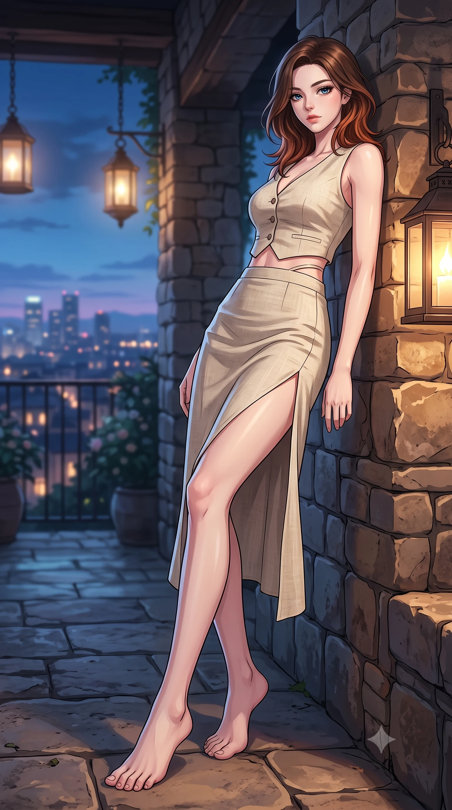 score_9, masterpiece, best quality, ultra-detailed, high-budget anime keyframe, tasteful artistic composition, Korean woman. low angle full-body shot from head to toe showing her feet, filling the entire 9:16 vertical frame with her statuesque presence, stretching her vertical silhouette. leaning back against a rustic stone wall, casting a slow, alluring gaze at the camera the background shows a soft-focus a secluded rooftop garden veranda at a historic estate overlooking city lights. She has an absolutely perfect, statuesque 8.5-heads proportion, an exceptionally tall and slender model-like female figure with impossibly long slender legs and an ultra-slim waist. sharp v-shaped jawline, high-bridge nose, intricate jewel-like eyes with depth, thick eyelashes, glossy lips with a natural sheen. wearing a tailored tailored vacation outfit of a linen crop vest and a matching side-slit midi skirt, revealing a subtle waist cutout. soft ambient city glow contrasting with the warm light of hanging lanterns. highly saturated vibrant anime colors, cel-shading, 2d style, master piece, 9:16 ratio