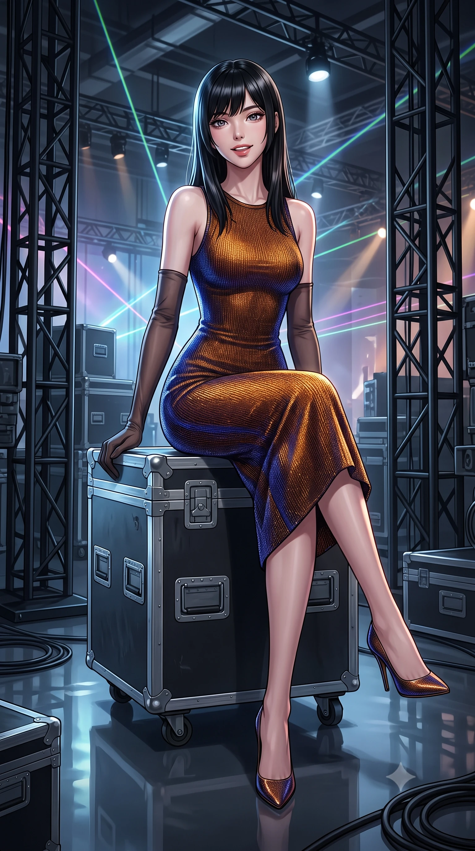 score_9, masterpiece, best quality, ultra-detailed, high-budget anime keyframe, editorial fashion photography, tasteful artistic composition, Caucasian woman. low angle full-body shot from head to toe showing her feet, filling the entire 9:16 vertical frame with her statuesque presence, stretching her vertical silhouette. stepping forward in a confident stride, her long slender legs and curvaceous hips creating a dynamic, sweeping vertical line while sitting gracefully on the industrial steel equipment case with legs crossed, flashing a teasing smile with parted glossy lips. The surrounding environment is rendered in vivid detail and crisp panoramic clarity: sharp black matte steel trusses, mirror-polished industrial epoxy floor reflections, and crisp laser projection lines in deep focus. She has an exceptionally tall and slender model-like 8.5-heads proportion, an ultra-slim waist, a flat toned midriff, narrow delicate ribcage, and beautifully sculpted feminine hips creating a graceful, slim hourglass silhouette without any bulky heaviness, with impossibly long slender legs. sharp v-shaped jawline, high-bridge nose, intricate jewel-like sparkling eyes with depth, thick eyelashes, glossy parted lips with a natural peach sheen, bright cheerful beaming smile with an enchanting and coquettish sensual glint, exuding both youthful cute charm and seductive allure, flawlessly proportioned anatomical accuracy, strict slender model proportions, natural body alignment, perfectly sculpted long slender limbs, ultra-slim waistline, clean dynamic posture without body distortion. wearing a body-contouring metallic lurex knit midi dress casting radiant starlight shimmer across her flat midriff in Jovian amber and electric storm cobalt, tailored from high-density tech-wool with subtle metallic thread weave, complemented by sheer opera-length evening gloves tracing her slender arms, the form-contouring silhouette accentuating her sculpted flat midriff, narrow delicate ribcage, and gracefully curvy hips with intoxicating allure. illuminated by epoxy floor reflection bounce and sharp platinum rim lights sculpting her jawline, narrow waist, and curvy hips. ultra-reflective glossy finish, specular highlights, rich textural contrasts, high-contrast stereoscopic depth, volumetric dynamic lighting, 2k, ultra detail, master piece, 9:16 ratio