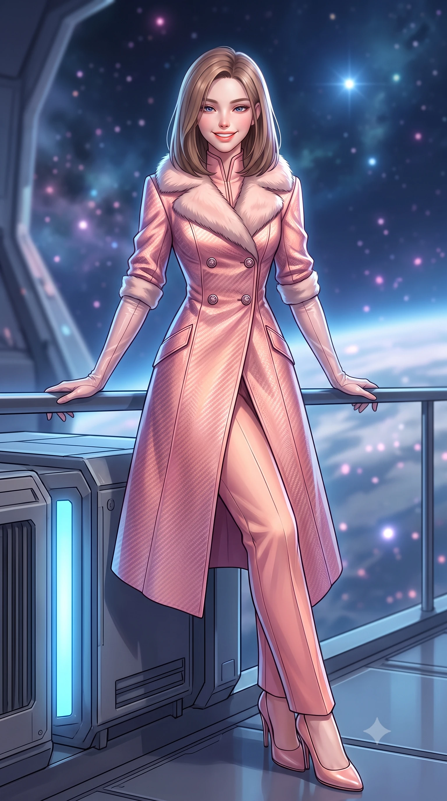 score_9, masterpiece, best quality, ultra-detailed, high-budget anime keyframe, semi-realistic 3D game render, editorial fashion photography, tasteful artistic composition, Korean woman. low angle full-body shot from head to toe showing her feet, filling the entire 9:16 vertical frame with her statuesque presence, stretching her vertical silhouette. leaning deep against the balcony balustrade with hips cocked back in an unapologetically alluring high-fashion stance, casting an intoxicating glance while leaning against the capacitor bank housing with hips cocked back, gazing down the electromagnetic rail into deep space with smoldering bedroom-eyes. The background shows a soft-focus ionized vacuum plasma particles softened in orbital defense platform shallow focus. She has an exceptionally tall and slender model-like 8.5-heads proportion, an ultra-slim waist, a flat toned midriff, narrow delicate ribcage, and beautifully sculpted feminine hips creating a graceful, slim hourglass silhouette without any bulky heaviness, with impossibly long slender legs. sharp v-shaped jawline, high-bridge nose, intricate jewel-like sparkling eyes with depth, thick eyelashes, glossy parted lips with a natural peach sheen, bright cheerful beaming smile with an enchanting and coquettish sensual glint, exuding both youthful cute charm and seductive allure, flawlessly proportioned anatomical accuracy, strict slender model proportions, natural body alignment, perfectly sculpted long slender limbs, ultra-slim waistline, clean dynamic posture without body distortion. wearing a futuristic double-breasted arctic combat officer greatcoat with thermal fur-lined collar and tailored wool trousers in Solaris liquid rose-quartz and alien peach, woven from structured carbon-fiber jacquard with rich textural depth, complemented by sheer opera-length evening gloves tracing her slender arms, the impeccably tailored cut draping gracefully along her slender figure with aristocratic poise. bathed in cold electric-blue capacitor glow combined with crisp unpolluted starlight. highly saturated vibrant anime colors, detailed shading with soft gradients, rich glossy textures, high-contrast stereoscopic depth, volumetric dynamic lighting, master piece, 9:16 ratio