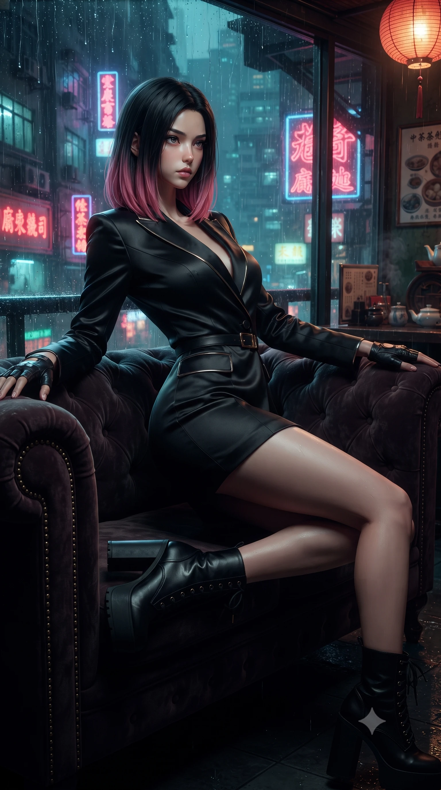 score_9, masterpiece, best quality, ultra-detailed, high-budget anime keyframe, editorial fashion photography, tasteful artistic composition, Korean woman. close-up cowboy shot from the waist and thighs up, the character dominates the composition, filling the frame with her large presence. twisting her slender torso in a deep contrapposto stance, hips dramatically shifted to accentuate her feminine curves while looking past her shoulder with smoldering bedroom-eyes while reclining on a vintage velvet Chesterfield sofa inside a rain-streaked rooftop teahouse, one knee drawn up in a seductive Cleopatra pose. The surrounding environment is rendered in vivid detail and crisp panoramic clarity. intense Wong Kar-wai inspired neo-noir chiaroscuro and atmospheric cyberpunk metropolis aesthetics in precision. She has an exceptionally elegant, slender, and willowy female figure with an ultra-slim waist, a gracefully sculpted slender torso, toned flat midriff, and rounded feminine hips creating an alluring hourglass silhouette. sharp v-shaped jawline, high-bridge nose, intricate jewel-like eyes with depth, thick eyelashes, glossy parted lips with a natural sheen, intensely captivating and seductive bedroom-eyes expression, flawlessly proportioned anatomical accuracy, strict slender model proportions, natural body alignment, perfectly sculpted long slender limbs, ultra-slim waistline, clean dynamic posture without body distortion. wearing a tailored satin tuxedo jacket dress with mandarin lapels and a slim gold-buckle belt in pitch-black vinyl and specular chrome trim, made of seamless compression knit with anatomical curves sculpting, accessorized with bold platform boots and fingerless leather gloves, the precision-cut side openings and low-back scoop framing her graceful spine and the sensual sweep of her hips. illuminated by wet specular asphalt bounce lights sharply sculpting her narrow waist and rounded hips. ultra-reflective glossy finish, specular highlights, rich textural contrasts, high-contrast stereoscopic depth, volumetric dynamic lighting, 2k, ultra detail, master piece, 9:16 ratio