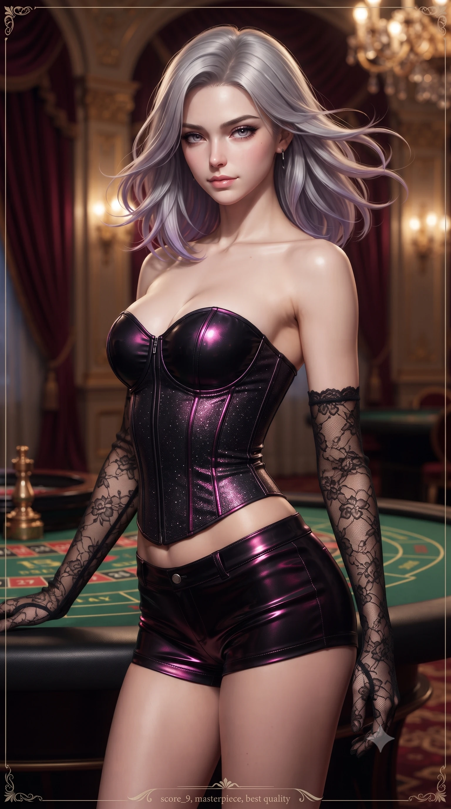 score_9, masterpiece, best quality, ultra-detailed, high-budget anime keyframe, editorial fashion photography, tasteful artistic composition, Caucasian woman. close-up cowboy shot from the waist and thighs up, the character dominates the composition, filling the frame with her large presence. turning slowly with an enchanting smoldering smile, her glossy hair tossing in the breeze as her hips angle gracefully in a captivating contrapposto while standing poised beside the green baize roulette table with hips cocked back, casting an intoxicating, heavy-lidded smile. The background shows a soft-focus heavy velvet salon portières softened in historic Riviera gambling salon shallow focus. She has an exceptionally elegant, slender, and willowy female figure with an ultra-slim waist, flat toned midriff, narrow ribcage, and sculpted feminine hips creating an alluring, slim hourglass silhouette without bulk. sharp v-shaped jawline, high-bridge nose, sparkling eyes with hypnotic seductive depth, thick curled eyelashes, glossy parted lips with a natural dewy peach sheen, alluring bedroom-eyes with an enchanting coquettish smile, exuding magnetic siren charisma and sophisticated glamour, flawlessly proportioned anatomical accuracy, strict slender model proportions, natural body alignment, perfectly sculpted long slender limbs, ultra-slim waistline, clean dynamic posture without body distortion. wearing a strapless boned satin corset bodice paired with low-waisted tailored satin hot-pants in wet-look onyx black with electric magenta reflections, woven from stretch metallic lurex jersey casting radiant starlight glints across her silhouette, complemented by sheer opera-length lace evening gloves tracing her slender arms, the precision-cut side openings and low-back scoop framing her graceful spine and the sensual sweep of her slim, toned hips. illuminated by chandelier reflections and sharp warm-amber rim lights defining her delicate clavicles, ultra-slim waist, and curvy hips. ultra-reflective glossy finish, specular highlights, rich textural contrasts, high-contrast stereoscopic depth, volumetric dynamic lighting, 2k, ultra detail, master piece, 9:16 ratio