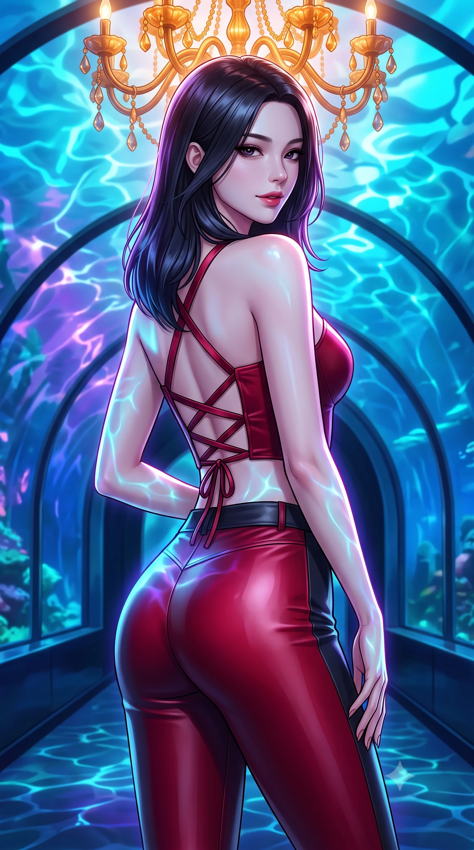 score_9, masterpiece, best quality, ultra-detailed, high-budget anime keyframe, semi-realistic 3D game render, editorial fashion photography, tasteful artistic composition, Korean woman. close-up cowboy shot from the waist and thighs up, the character dominates the composition, filling the frame with her large presence. turning slowly with a smoldering smile, her glossy dark hair catching the amber chandelier rim light as her hips angle gracefully in a captivating contrapposto while twisting her slender torso in an alluring S-curve, bioluminescent cyan and violet ripples playing across her narrow waist and rounded hips. The surrounding environment is rendered in vivid detail and crisp panoramic clarity. detailed glossy outfit reflections, delicate skin highlights, and aquarium tunnel architecture in high clarity. She has an exceptionally elegant, slender, and willowy female figure with an ultra-slim waist, flat toned midriff, narrow ribcage, and sculpted feminine hips creating an alluring, slim hourglass silhouette without bulk. sharp v-shaped jawline, high-bridge nose, intricate jewel-like dark sparkling eyes with dangerous depth, thick curled eyelashes, glossy parted lips with a rich wine sheen, smoldering seductive half-smile with bedroom-eyes, exuding effortless superiority and intoxicating dark allure, flawlessly proportioned anatomical accuracy, strict slender model proportions, natural body alignment, perfectly sculpted long slender limbs, ultra-slim waistline, clean dynamic posture without body distortion. wearing a cropped structured bodice top paired with ultra-fitted high-waisted leather trousers tracing her hips in ruby crimson and muted shadow black, made of liquid-tight stretch jersey emphasizing every curve of her body, featuring a dramatic criss-cross satin back lacing tracing her slender spine, the form-fitting cut adhering flawlessly to her sculpted flat midriff and slender torso, emphasizing her long leg lines and perfectly proportioned willowy build. illuminated by pulsating ultraviolet rim lights and caustic water reflections sharply carving her razor-sharp jawline, narrow waist, and curvy hips. highly saturated vibrant anime colors, detailed shading with soft gradients, rich glossy textures, high-contrast stereoscopic depth, volumetric dynamic lighting, master piece, 9:16 ratio