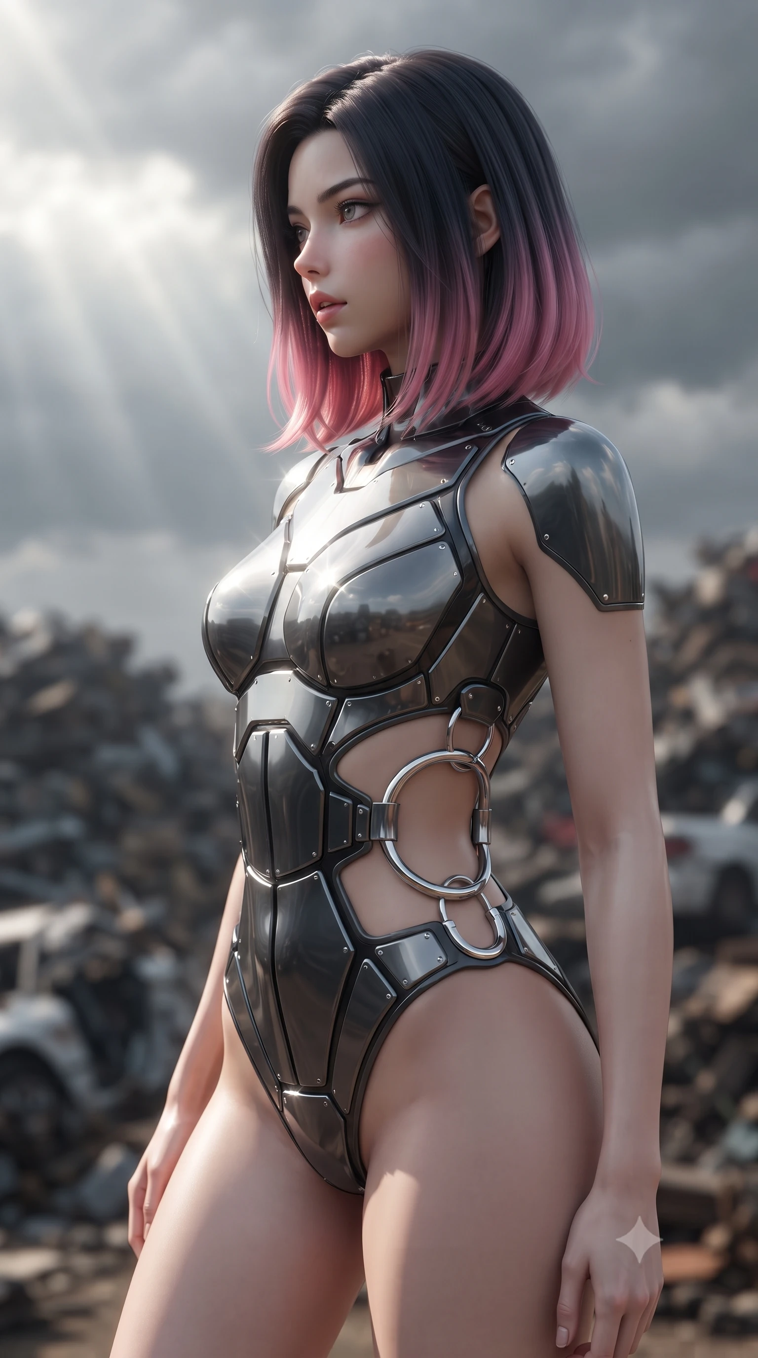 score_9, masterpiece, best quality, ultra-detailed, high-budget anime keyframe, editorial fashion photography, tasteful artistic composition, Korean woman. close-up cowboy shot from the waist and thighs up, the character dominates the composition, filling the frame with her large presence, background elements kept in soft focus. turning her face in profile to look over her shoulder, casting a smoldering side gaze with lips slightly parted, the background shows a soft-focus a scrap yard salvage heap under a low sky filled with heavy grey storm clouds. She has an exceptionally elegant, slender, and willowy female figure with an ultra-slim waist, a gracefully sculpted slender torso, and a refined silhouette. sharp v-shaped jawline, high-bridge nose, intricate jewel-like eyes with depth, thick eyelashes, glossy lips with a natural sheen. wearing a form-contouring light carbon-plate combat bodysuit featuring dramatic geometric open-waist cutouts framed by chrome ring hardware. bright morning sun rays slicing through cloud gaps, creating sharp reflections. ultra-reflective glossy finish, specular highlights, metallic sheen, high-contrast stereoscopic depth, volumetric dynamic lighting, 2k, ultra detail, master piece, 9:16 ratio