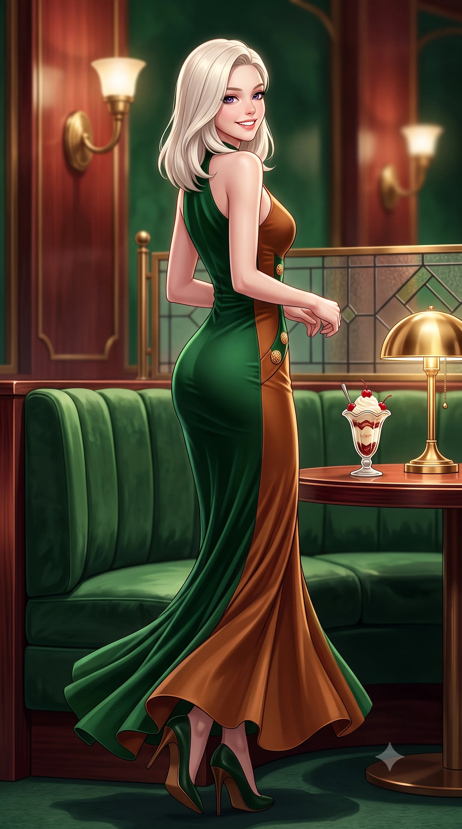 score_9, masterpiece, best quality, ultra-detailed, high-budget anime keyframe, semi-realistic 3D game render, editorial fashion photography, tasteful artistic composition, Caucasian woman. low angle full-body shot from head to toe showing her feet, filling the entire 9:16 vertical frame with her statuesque presence, stretching her vertical silhouette. executing an elegant pivot turn as the hem of her form-fitting knit sways rhythmically, glancing back with joyful radiance and seductive allure while sitting poised in a curved forest green velvet booth beside a polished brass lamp, smiling cheerfully over a vintage parfait glass. The background shows a soft-focus curved brass Art Deco light sconces, geometric leaded glass screens, and polished rosewood walls blurred into emerald, brass, and rosewood bokeh. She has an exceptionally tall and slender model-like 8.5-heads proportion, an ultra-slim waist, a flat toned midriff, narrow delicate ribcage, and beautifully sculpted feminine hips creating a graceful, slim hourglass silhouette without any bulky heaviness, with impossibly long slender legs. sharp v-shaped jawline, high-bridge nose, intricate jewel-like sparkling eyes with depth, thick eyelashes, glossy parted lips with a natural peach sheen, bright cheerful beaming smile with an enchanting and coquettish sensual glint, exuding both youthful cute charm and seductive allure, flawlessly proportioned anatomical accuracy, strict slender model proportions, natural body alignment, perfectly sculpted long slender limbs, ultra-slim waistline, clean dynamic posture without body distortion. wearing an elegant fitted liquid crepe cocktail sheath dress with an asymmetric neckline tracing her delicate collarbones and narrow waist in heritage British racing green and warm cognac brown, crafted from fluid liquid velvet offering rich tactile depth while adhering to her hourglass shape, accented with an ornate 24k gold lion-embossed crest button along the snug front closure, the glove-like clinging cut tightly following the natural contour of her hips and long slender legs with youthful 8.5-heads elegance. illuminated by rosewood wall and brass reflection bounce with crisp champagne rim lights defining her cheekbones and slender waist. highly saturated vibrant anime colors, detailed shading with soft gradients, rich glossy textures, high-contrast stereoscopic depth, volumetric dynamic lighting, master piece, 9:16 ratio