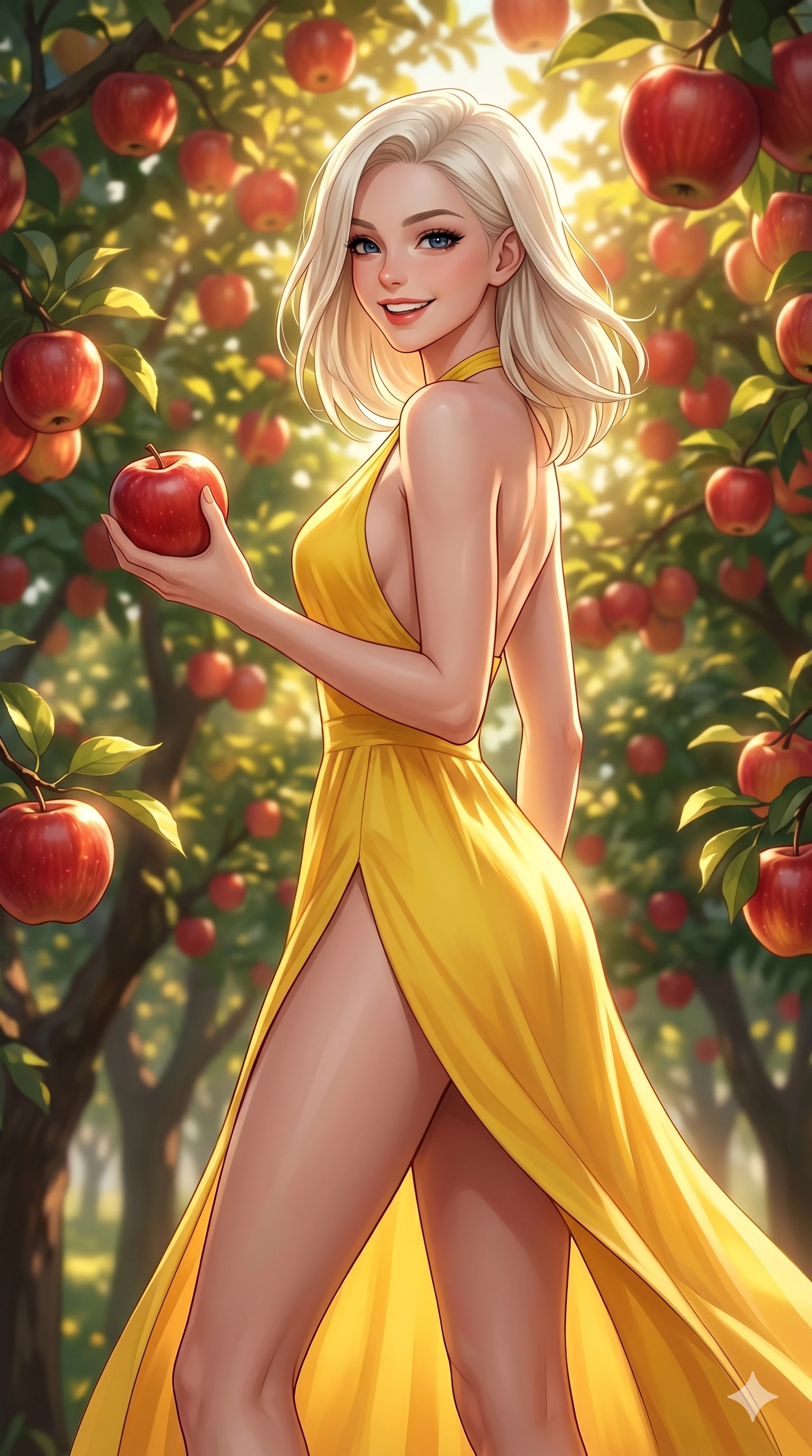 score_9, masterpiece, best quality, ultra-detailed, high-budget anime keyframe, editorial fashion photography, tasteful artistic composition, Caucasian woman, strictly human ears. cowboy shot from the thighs up, character and outfit filling the frame for maximum editorial presence. holding a red apple, looking back with a bright, playful grin and cheerful eyes inside an apple orchard with sunlit red apples hanging from branches. She has an absolutely perfect 8-heads proportion, an exceptionally tall and slender female figure with impossibly long slender legs and an ultra-slim waist. V-shaped jawline, high-bridge nose, intricate jewel-like eyes with depth, thick eyelashes, glossy lips with a natural sheen. wearing a yellow summer dress with a graceful halter neck and a high-cut front slit. bathed in warm afternoon sunbeams filtering through the apple trees, casting soft shadows. 2k, ultra detail, master piece, 9:16 ratio