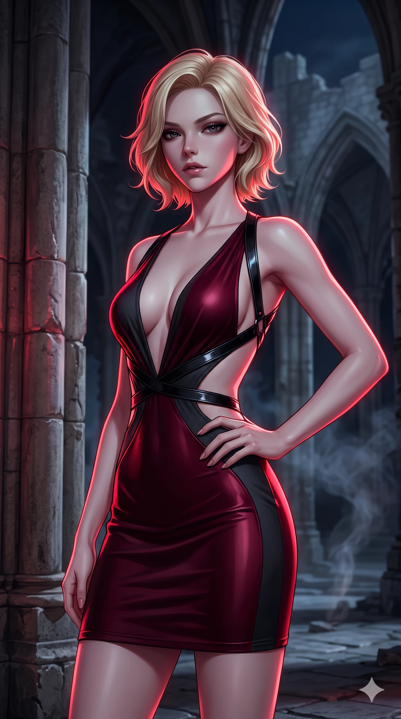 score_9, masterpiece, best quality, ultra-detailed, high-budget anime keyframe, semi-realistic 3D game render, editorial fashion photography, tasteful artistic composition, Caucasian woman. close-up cowboy shot from the waist and thighs up, the character dominates the composition, filling the frame with her large presence. looking down with lowered lashes and a composed, powerful dark aura, her tailored outfit tracing her curves while holding a confident power pose with one hand on her hip beside the soaring stone nave pillars, looking into the lens with dangerous intensity. The background shows a soft-focus ancient ruined European cathedral softened in gothic nocturnal shallow focus. She has an exceptionally elegant, slender, and willowy female figure with an ultra-slim waist, flat toned midriff, narrow ribcage, and sculpted feminine hips creating an alluring, slim hourglass silhouette without bulk. sharp v-shaped jawline, high-bridge nose, intricate jewel-like dark sparkling eyes with hypnotic seductive depth, thick curled eyelashes, glossy parted lips with a natural wine sheen, alluring bedroom-eyes with an enigmatic smoldering smile, exuding magnetic sovereign charisma and dark avant-garde glamour, flawlessly proportioned anatomical accuracy, strict slender model proportions, natural body alignment, perfectly sculpted long slender limbs, ultra-slim waistline, clean dynamic posture without body distortion. wearing a slinky deep-V liquid dark jersey cocktail dress with waist cutout accentuating her curves in deep crimson burgundy and matte charcoal, made of fluid liquid jersey with seamless sculpting hold and smooth contours, featuring an open-back criss-cross harness strap in patent black leather, accentuating her gracefully sculpted slender torso and statuesque proportions. bathed in sharp crimson laser rim light piercing cold midnight shadows and incense smoke. highly saturated vibrant anime colors, detailed shading with soft gradients, rich glossy textures, high-contrast stereoscopic depth, volumetric dynamic lighting, master piece, 9:16 ratio