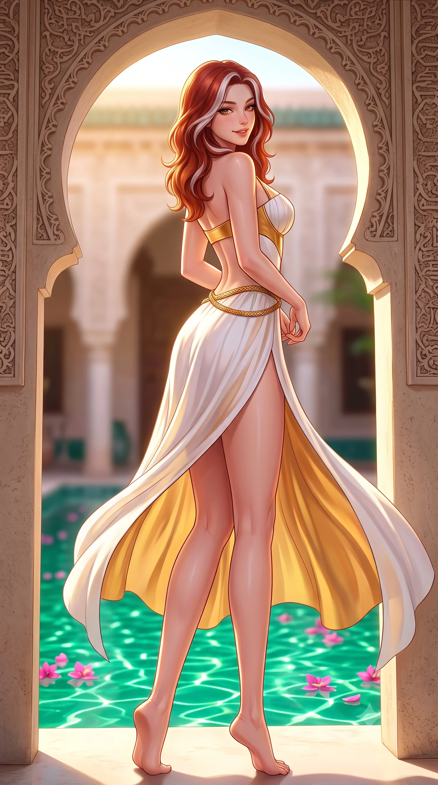 score_9, masterpiece, best quality, ultra-detailed, high-budget anime keyframe, semi-realistic 3D game render, editorial fashion photography, tasteful artistic composition, Caucasian woman. low angle full-body shot from head to toe showing her feet, filling the entire 9:16 vertical frame with her statuesque presence, stretching her vertical silhouette. executing a cheerful mid-motion pivot turn as her resort dress flutters around her slender legs, glancing over her shoulder with an intoxicating, teasing bedroom-gaze while leaning against an intricately carved stucco keyhole archway with hips cocked back, casting a captivating, smoldering bedroom-gaze. The composition keeps background elements in soft focus with dreamy creamy bokeh. floating pink bougainvillea petals on the emerald plunge pool surface softened in intimate riad shallow focus. She has an exceptionally tall and slender model-like 8.5-heads proportion, an ultra-slim waist, a flat toned midriff, narrow delicate ribcage, and beautifully sculpted feminine hips creating a graceful, slim hourglass silhouette without any bulky heaviness, with impossibly long slender legs. sharp v-shaped jawline, high-bridge nose, sparkling amber-hazel eyes with depth, long lush eyelashes, glossy sun-kissed lips with a warm coral glaze, radiant teasing smile with sensual sunlit bedroom-eyes, exuding effortless old-money elegance and intoxicating sun-drenched allure, flawlessly proportioned anatomical accuracy, strict slender model proportions, natural body alignment, perfectly sculpted long slender limbs, ultra-slim waistline, clean dynamic posture without body distortion. wearing a flowing high-slit silk chiffon resort skirt paired with an architectural bustier top framing her flat midriff in pure alabaster white and molten gold accents, woven from layered gossamer organza with weightless flutter, finished with a delicate gold snake chain belt resting loosely on her curvy hips, the glove-like silhouette tightly following the natural contour of her hips and long slender legs with youthful 8.5-heads elegance. illuminated by emerald pool water caustic reflections and golden sunset rim light carving her razor-sharp jawline, narrow waist, and curvy hips. highly saturated vibrant anime colors, detailed shading with soft gradients, rich glossy textures, high-contrast stereoscopic depth, volumetric dynamic lighting, master piece, 9:16 ratio