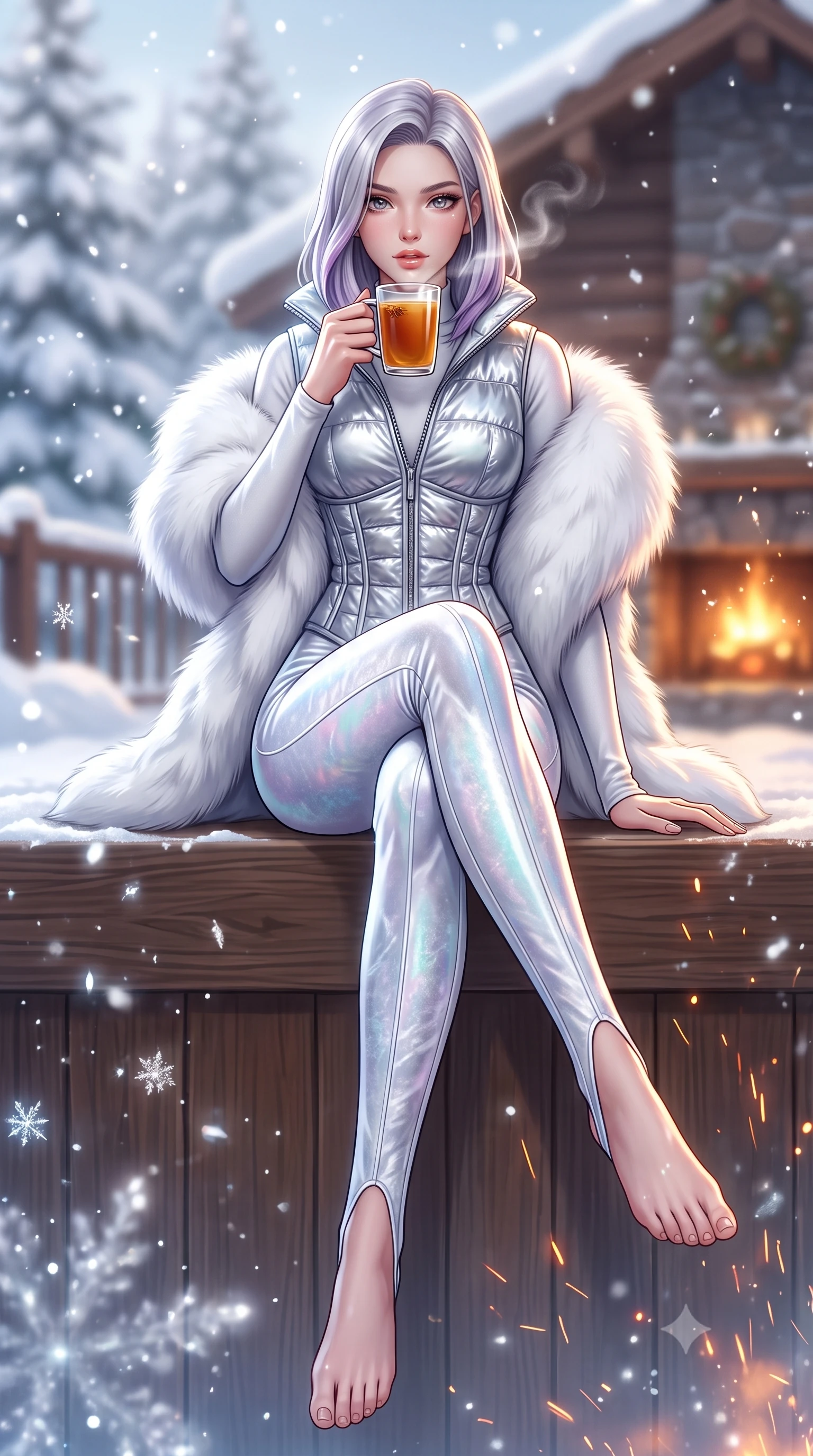 score_9, masterpiece, best quality, ultra-detailed, high-budget anime keyframe, semi-realistic 3D game render, editorial fashion photography, tasteful artistic composition, Caucasian woman. low angle full-body shot from head to toe showing her feet, filling the entire 9:16 vertical frame with her statuesque presence, stretching her vertical silhouette. sitting poised on the elevated edge with legs crossed and extended, her tall 8.5-heads proportions dominating the scene with effortless poise while holding a steaming mug of spiced cider with both hands, looking over the steaming rim with sparkling, romantic eyes. The composition keeps background elements in soft focus with creamy bokeh. sparkling ice crystal flakes and rising fireplace sparks scattering enchanted light motes across the deck. She has an absolutely perfect, statuesque 8.5-heads proportion, an exceptionally tall and slender model-like female figure with impossibly long slender legs, a toned flat midriff, and an ultra-slim waist. sharp v-shaped jawline, high-bridge nose, intricate jewel-like eyes with depth, thick eyelashes, glossy parted lips with a natural sheen, intensely captivating and seductive expression, flawlessly proportioned anatomical accuracy, strict slender model proportions, natural body alignment, perfectly sculpted long slender limbs, ultra-slim waistline, clean dynamic posture without body distortion. wearing a metallic silver quilted corset puffer vest worn over a snug thermal mock-neck top and sleek ski stirrup pants in crystalline holographic opal and pure white, crafted from crushed silk velvet with liquid frost-like luster, complemented by an opulent white fox-fur stole draped loosely over her shoulders, the liquid-tight tailored fabric emphasizing every curve of her tall, slender model proportions and sculptured silhouette during dynamic movement. illuminated by bright specular snow reflections tracing her sculpted collarbones, waist, and long limbs. highly saturated vibrant anime colors, detailed shading with soft gradients, rich glossy textures, high-contrast stereoscopic depth, volumetric dynamic lighting, master piece, 9:16 ratio