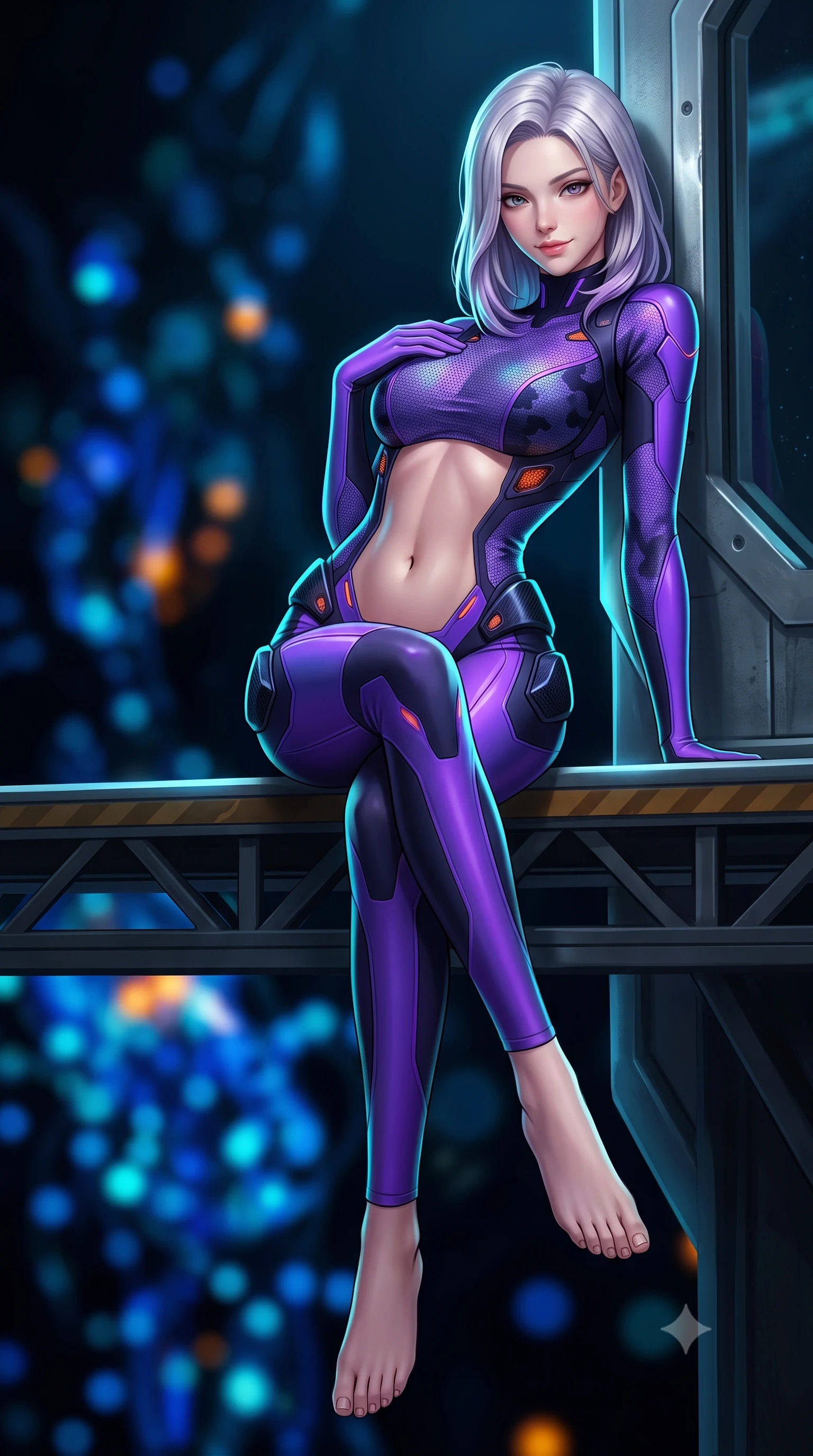 score_9, masterpiece, best quality, ultra-detailed, high-budget anime keyframe, semi-realistic 3D game render, editorial fashion photography, tasteful artistic composition, Caucasian woman. low angle full-body shot from head to toe showing her feet, filling the entire 9:16 vertical frame with her statuesque presence, stretching her vertical silhouette. sitting perched on the elevated maintenance gantry edge with legs crossed and hips angled toward the camera, displaying her toned midriff and long slender limbs with joyful, coquettish charm while leaning against the reinforced titanium viewing bulkhead with hips cocked back, casting an alluring bedroom-gaze through dark ocean currents. The background shows a soft-focus pitch-black oceanic trench waters illuminated by pulsating sapphire and amber deep-sea creature lights blurred into cobalt, cyan, and black bokeh. She has an absolutely perfect, statuesque 8.5-heads proportion, an exceptionally tall and slender model-like female figure with impossibly long slender legs, an ultra-slim waist, a flat toned midriff, narrow delicate ribcage, and beautifully sculpted feminine hips creating a graceful, slim hourglass silhouette without any bulky heaviness. sharp v-shaped jawline, high-bridge nose, intricate jewel-like sparkling eyes with depth, thick eyelashes, glossy parted lips with a natural sheen, bright confident smile with an enchanting and coquettish sensual glint, exuding both youthful magnetic charm and sovereign high-tech allure, flawlessly proportioned anatomical accuracy, strict slender model proportions, natural body alignment, perfectly sculpted long slender limbs, ultra-slim waistline, clean dynamic posture without body distortion. wearing a second-skin cybernetic stealth suit with active-camo optical mesh and sculpted carbon hip guards in neon electric violet and deep space obsidian, made of supple second-skin compression stretch jersey clinging flawlessly to her form, accented with subtle hexagonal heat-sink vents glowing with dim orange thermal heat, the aerodynamic second-skin silhouette tightly following the natural contour of her hips and long slender legs with youthful 8.5-heads elegance. illuminated by external submarine floodlights and sharp cyan rim lights carving her razor-sharp jawline, narrow waist, and curvy hips. highly saturated vibrant anime colors, detailed shading with soft gradients, rich glossy textures, high-contrast stereoscopic depth, volumetric dynamic lighting, master piece, 9:16 ratio