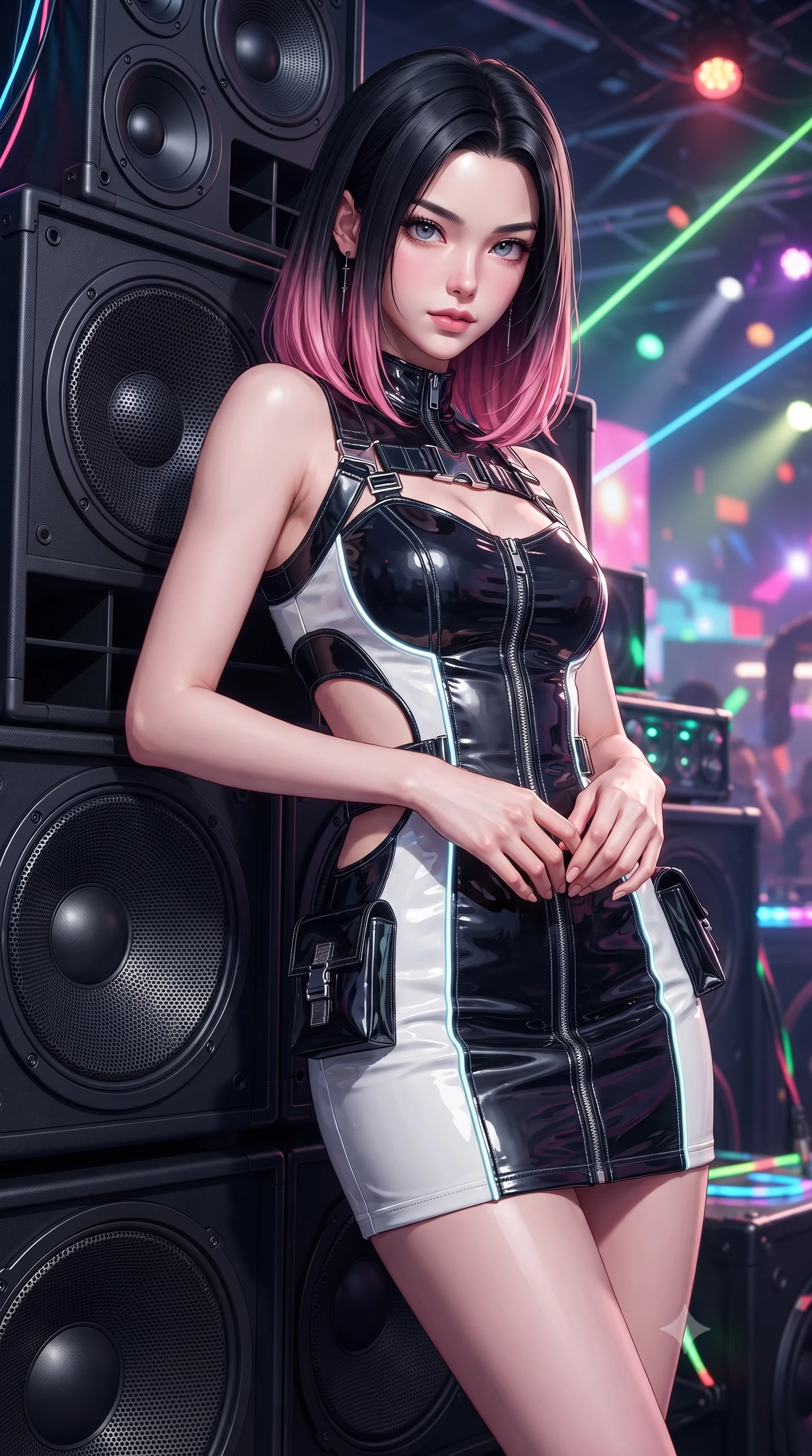 score_9, masterpiece, best quality, ultra-detailed, high-budget anime keyframe, editorial fashion photography, tasteful artistic composition, Korean woman. close-up cowboy shot from the waist and thighs up, the character dominates the composition, filling the frame with her large presence. holding her hands loosely in front with regal, aristocratic poise, radiating an overwhelming high-society aura while leaning against a heavy subwoofer speaker stack with confident Y2K attitude and flawless vertical posture. The surrounding environment is rendered in vivid detail and crisp panoramic clarity. intricate audio speaker grilles, glowing LED accessory cables, and laser beam paths in high resolution. She has an exceptionally elegant, slender, and willowy female figure with an ultra-slim waist, a gracefully sculpted slender torso, toned flat midriff, and a refined slim silhouette. sharp v-shaped jawline, high-bridge nose, intricate jewel-like eyes with depth, thick eyelashes, glossy lips with a natural sheen, captivating and magnetic expression, flawlessly proportioned anatomical accuracy, strict slender model proportions, natural body alignment, perfectly sculpted long slender limbs, ultra-slim waistline, clean dynamic posture without body distortion. wearing a high-gloss vinyl mini dress accented with industrial buckle straps and side-waist cutouts in high-contrast monochrome white and glossy black, tailored from distressed structured cotton denim with metallic thread, finished with glowing fiber-optic seam piping and miniature utility pouches, the liquid-tight tailored fabric emphasizing every curve of her tall, slender model proportions and sculptured silhouette during dynamic movement. surrounded by a vibrant, fearless, and passionately energetic Y2K party queen aura. ultra-reflective glossy finish, specular highlights, rich textural contrasts, high-contrast stereoscopic depth, volumetric dynamic lighting, 2k, ultra detail, master piece, 9:16 ratio