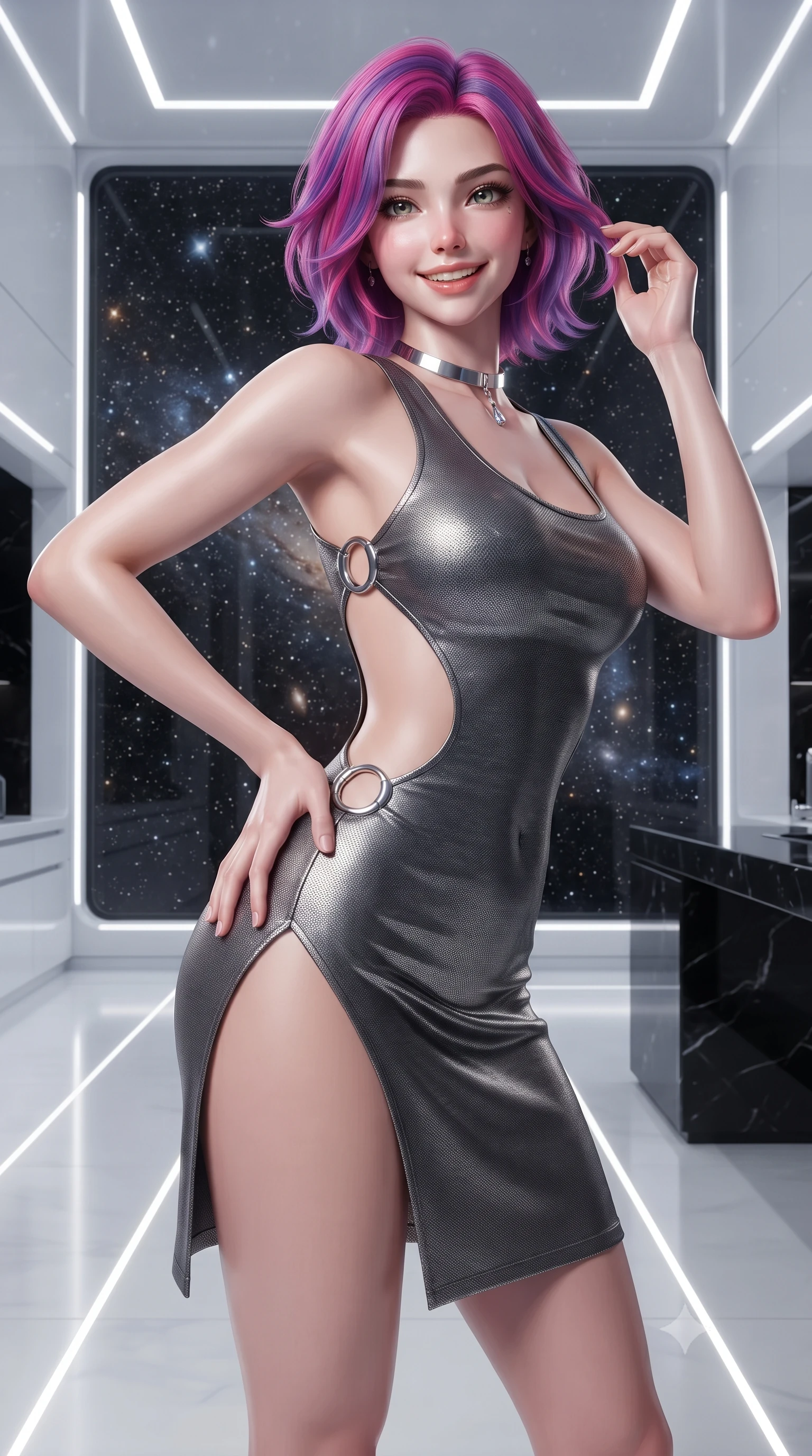score_9, masterpiece, best quality, ultra-detailed, high-budget anime keyframe, editorial fashion photography, tasteful artistic composition, Caucasian woman. close-up cowboy shot from the waist and thighs up, the character dominates the composition, filling the frame with her large presence. twisting her slender torso in an alluring contrapposto stance, one hand resting on her sculpted hip while her fingers toy with her hair with effortless poise while standing poised on the polished white polymer floor before the floor-to-ceiling starlight observation window, arching her back with aristocratic supermodel elegance. The surrounding environment is rendered in vivid detail and crisp panoramic clarity: sharp seamless white lacquer architectural lines, polished black obsidian bar grain, and crisp starlight reflections in deep focus. She has an exceptionally elegant, slender, and willowy female figure with an ultra-slim waist, flat toned midriff, narrow ribcage, and sculpted feminine hips creating an alluring, slim hourglass silhouette without bulk. sharp v-shaped jawline, high-bridge nose, intricate jewel-like sparkling eyes with depth, thick eyelashes, glossy parted lips with a natural peach sheen, bright cheerful beaming smile with an enchanting and coquettish sensual glint, exuding both youthful cute charm and seductive allure, flawlessly proportioned anatomical accuracy, strict slender model proportions, natural body alignment, perfectly sculpted long slender limbs, ultra-slim waistline, clean dynamic posture without body distortion. wearing a provocative open-waist combat cutout mini dress framed by polished chrome ring hardware and thigh-high slit in liquid mercury chrome and stealth charcoal, tailored from high-density tech-wool with subtle metallic thread weave, finished with a minimalist chrome choker and a single teardrop diamond pendant, the glove-like clinging cut tightly following the natural contour of her hips and long slender legs with youthful 8.5-heads elegance. illuminated by white polymer floor reflection bounce and sharp platinum rim lights sculpting her jawline, narrow waist, and curvy hips. ultra-reflective glossy finish, specular highlights, rich textural contrasts, high-contrast stereoscopic depth, volumetric dynamic lighting, 2k, ultra detail, master piece, 9:16 ratio