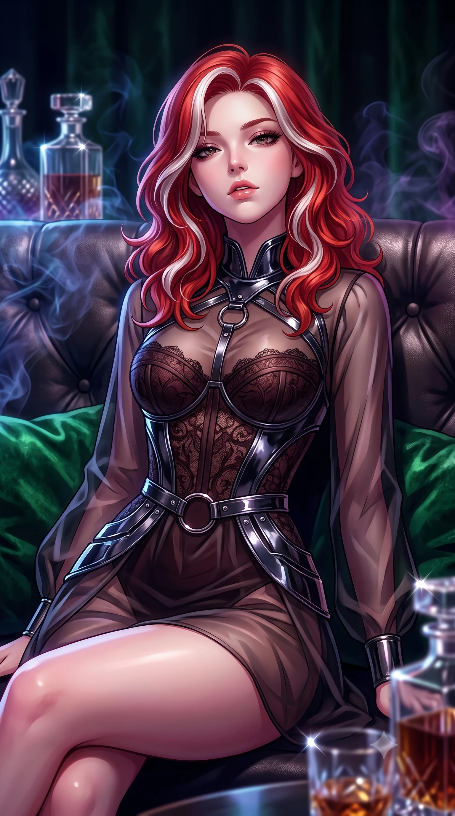 score_9, masterpiece, best quality, ultra-detailed, high-budget anime keyframe, editorial fashion photography, tasteful artistic composition, Caucasian woman. close-up cowboy shot from the waist and thighs up, the character dominates the composition, filling the frame with her large presence, background elements kept in soft focus. Tilting her chin up slightly with lips parted in a composed, magnetic expression, resting against a tufted leather booth cushion surrounded by swirling aromatic smoke, crushed emerald velvet and dark leather absorbing ambient light into deep shadows. She has an exceptionally elegant, slender, and willowy female figure with an ultra-slim waist, a gracefully sculpted slender torso, and a refined silhouette. sharp v-shaped jawline, high-bridge nose, intricate jewel-like eyes with depth, thick eyelashes, glossy lips with a natural sheen. wearing translucent dark organza mini dress over structured black lace corset in dark mahogany, made of sculpted obsidian metallic chrome, accented with sculpted obsidian chrome rings at the waist, following her slender form with tailored precision. surrounded by moody chiaroscuro with sharp specular glints on glass and skin. highly saturated vibrant anime colors, detailed shading with soft gradients, rich glossy textures, high-contrast stereoscopic depth, volumetric dynamic lighting, master piece, 9:16 ratio