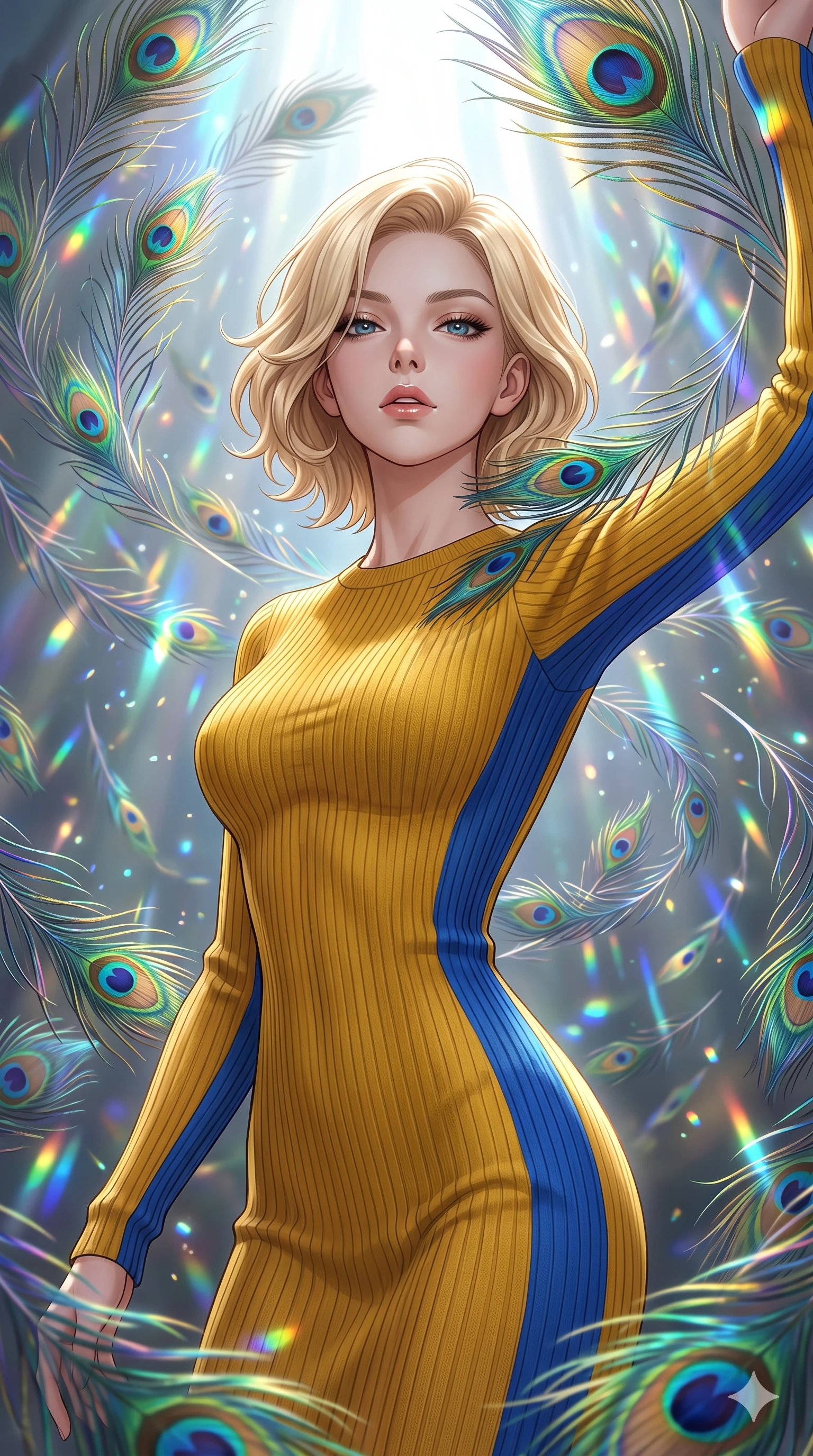 score_9, masterpiece, best quality, ultra-detailed, high-budget anime keyframe, editorial fashion photography, tasteful artistic composition, Caucasian woman, strictly human ears. close-up cowboy shot from the waist and thighs up, the character dominates the composition, filling the frame with her large presence, background elements kept in soft focus. Tilting her chin up slightly with lips parted in a composed expression. set against a soft-focus background of caught in a magnificent storm of thousands of iridescent peacock feathers that catch and scatter light into rainbow fractals as they swirl in complex spiraling patterns through the air. She has an exceptionally elegant and slender, willowy female figure with an ultra-slim waist, a gracefully sculpted slender torso, and a refined slim physique. sharp v-shaped jawline, high-bridge nose, intricate jewel-like eyes with depth, thick eyelashes, glossy lips with a natural sheen. wearing a body-hugging ribbed knit dress in a striking mustard yellow and royal blue colorway, sculpting her slender proportions with sophisticated restraint. brilliant white key light from above refracting through the iridescent feather barbs into a dazzling display of emerald blue gold and violet scattered light. 2k, ultra detail, master piece, 9:16 ratio