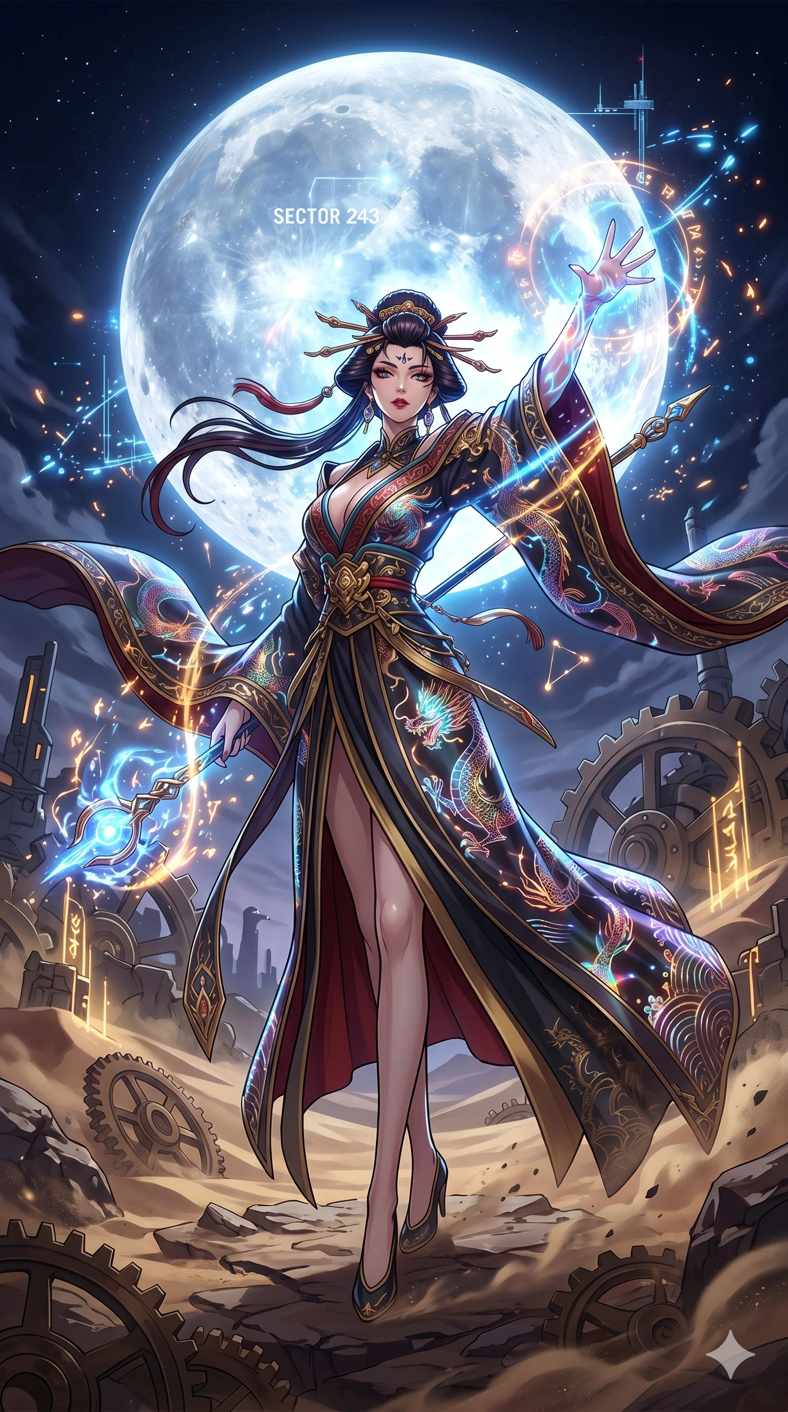 score_9, masterpiece, best quality, ultra-detailed, Set A: High-budget Anime Keyframe, Japanese woman. Low angle cowboy shot filling the entire 9:16 frame with her statuesque presence. Casting a spell through a clockwork desert, with a massive holographic moon rising behind her marked as sector 243 and surrounded by glowing energy sparks. She has an absolutely perfect 8-heads proportion, an exceptionally tall and slender female figure with impossibly long slender legs and an ultra-slim waist. Sharp v-shaped jawline, high-bridge nose, intricate jewel-like eyes with depth, thick eyelashes, glossy lips with a natural sheen. Wearing Traditional fusion robe with a deep V-cut and holographic dragon embroidery. Cinematic lighting, vibrant colors, dramatic shadows, 2k, ultra detail, master piece, 9:16 ratio
