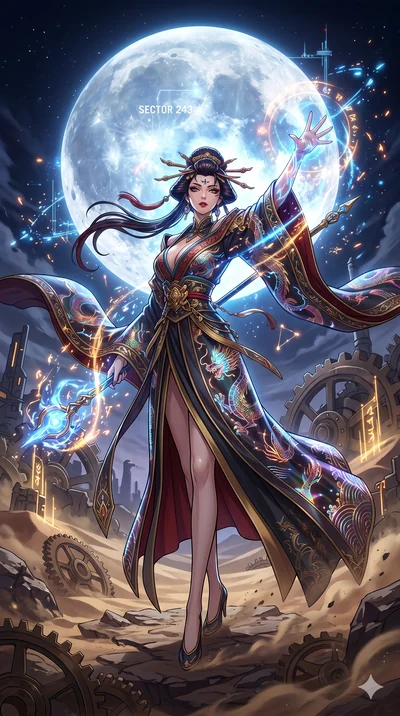 score_9, masterpiece, best quality, ultra-detailed, Set A: High-budget Anime Keyframe, Japanese woman. Low angle cowboy shot filling the entire 9:16 frame with her statuesque presence. Casting a spell through a clockwork desert, with a massive hologr