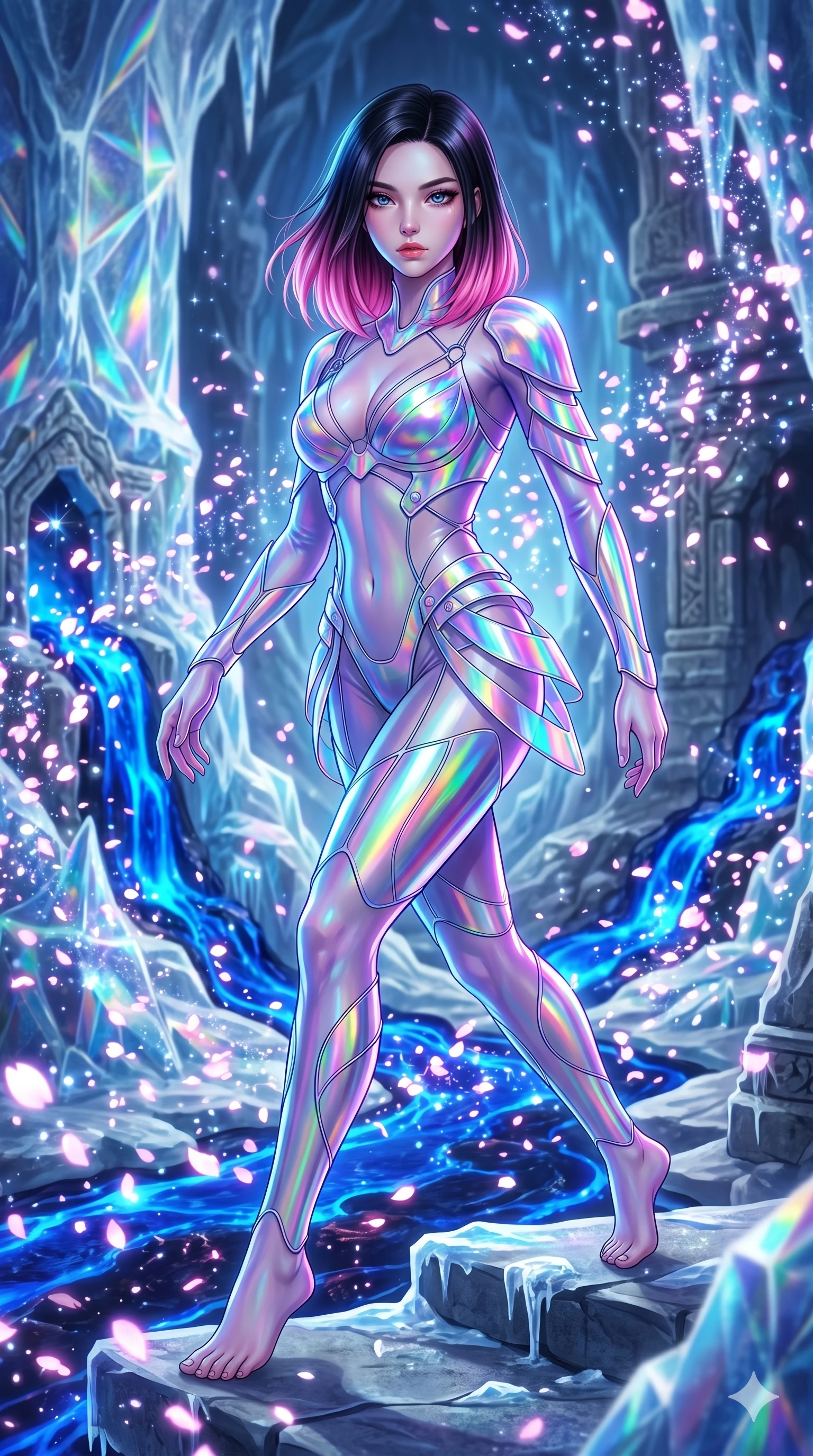 score_9, masterpiece, best quality, ultra-detailed, high-budget anime keyframe, editorial fashion photography, tasteful artistic composition, Korean woman. upper body close-up from the thighs up, character filling the screen for maximum presence. stepping dynamically on in a prismatic ice-volcano temple where glowing cobalt-blue liquid magma flows as digital sakura petals blizzard and sparkle around her. She has an absolutely perfect 8-heads proportion, an exceptionally tall and slender female figure with impossibly long slender legs and an ultra-slim waist. V-shaped jawline, high-bridge nose, intricate jewel-like eyes with depth, thick eyelashes, glossy lips with a natural sheen.. wearing a holographic ribbon shell armor, featuring thin iridescent plates linked by wire straps over a sleek contouring base. lit by high-contrast neon strobes that carve out her dynamic posture and V-shaped jawline. 2k, ultra detail, master piece, 9:16 ratio