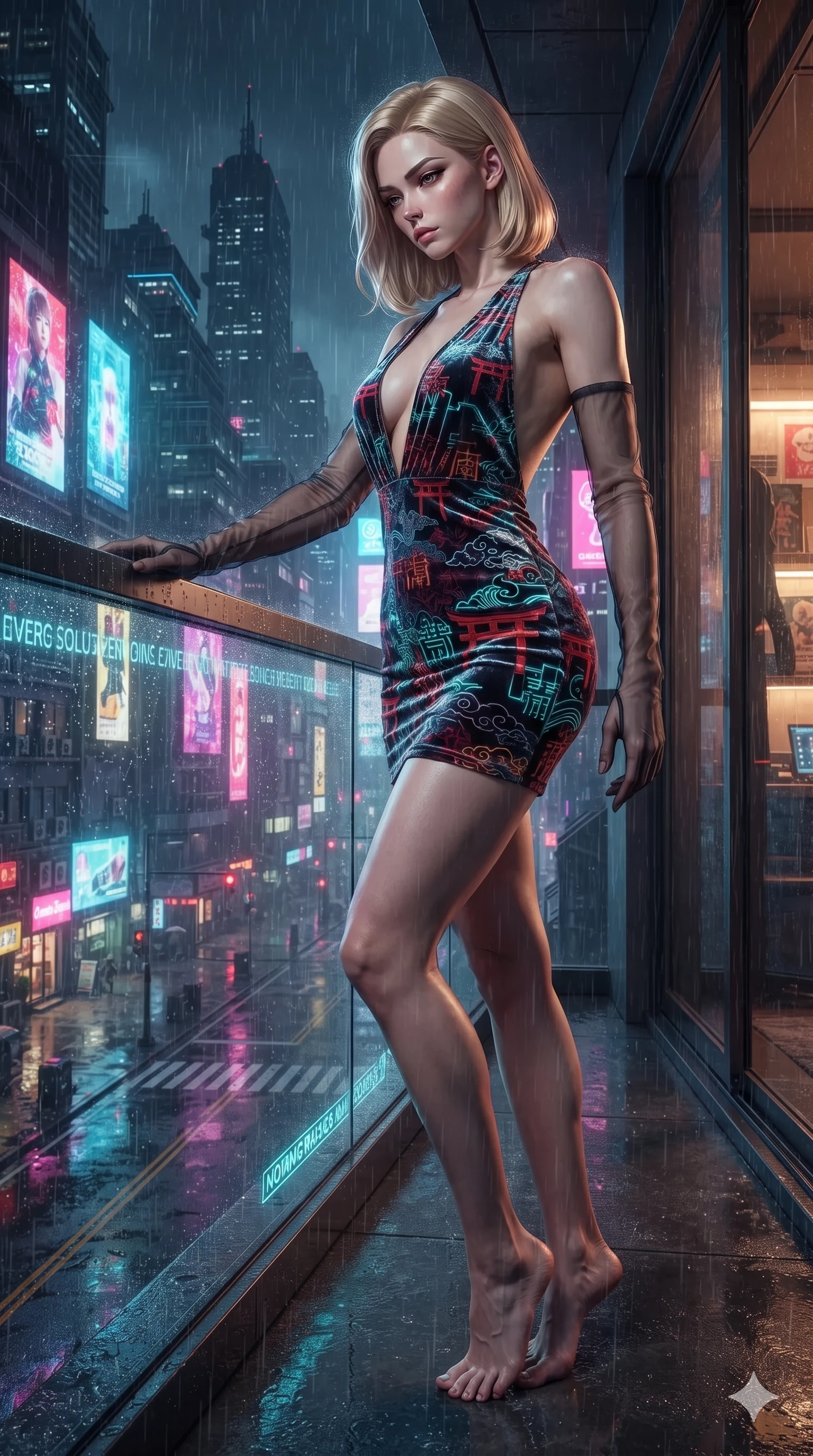 score_9, masterpiece, best quality, ultra-detailed, high-budget anime keyframe, editorial fashion photography, tasteful artistic composition, Korean woman. low angle full-body shot from head to toe showing her feet, filling the entire 9:16 vertical frame with her statuesque presence, stretching her vertical silhouette. leaning deep against the balcony balustrade with hips cocked back in an unapologetically alluring high-fashion stance, casting an intoxicating glance while leaning against the glowing smart-glass kiosk with hips cocked back, gazing through the rain-streaked umbrella canopy with smoldering bedroom-eyes. The surrounding environment is rendered in vivid detail and crisp panoramic clarity: sharp wet asphalt paver reflections, luminous umbrella fiber-optic ribs, and razor-sharp holographic typography in deep focus. She has an exceptionally tall and slender model-like 8.5-heads proportion, an ultra-slim waist, a flat toned midriff, narrow delicate ribcage, and beautifully sculpted feminine hips creating a graceful, slim hourglass silhouette without any bulky heaviness, with impossibly long slender legs. sharp v-shaped jawline, high-bridge nose, intricate jewel-like sparkling eyes with depth, thick eyelashes, glossy parted lips with a natural peach sheen, bright cheerful beaming smile with an enchanting and coquettish sensual glint, exuding both youthful cute charm and seductive allure, flawlessly proportioned anatomical accuracy, strict slender model proportions, natural body alignment, perfectly sculpted long slender limbs, ultra-slim waistline, clean dynamic posture without body distortion. wearing a backless crushed velvet mini dress with a deep plunging neckline and hip-high thigh slit in cyber-shinto vermilion and laser turquoise, crafted from stretch micro-mesh with liquid foil coating that shimmers with every movement, complemented by sheer opera-length evening gloves tracing her slender arms, the form-contouring silhouette accentuating her sculpted flat midriff, narrow delicate ribcage, and gracefully curvy hips with intoxicating allure. bathed in the dynamic multi-colored glow of towering holographic billboards mixed with street rain reflections. ultra-reflective glossy finish, specular highlights, rich textural contrasts, high-contrast stereoscopic depth, volumetric dynamic lighting, 2k, ultra detail, master piece, 9:16 ratio