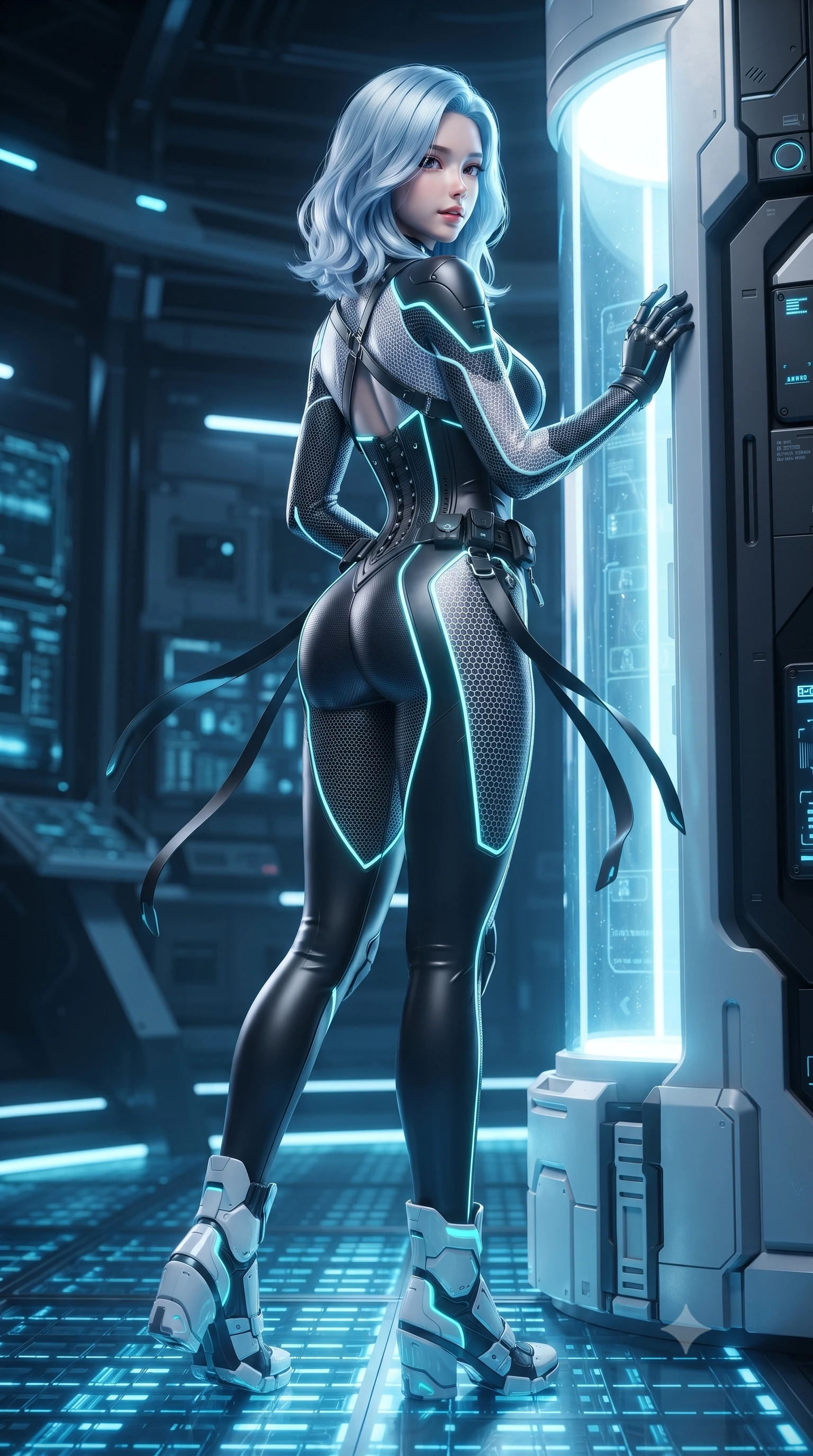 score_9, masterpiece, best quality, ultra-detailed, high-budget anime keyframe, editorial fashion photography, tasteful artistic composition, Korean woman. low angle full-body shot from head to toe showing her feet, filling the entire 9:16 vertical frame with her statuesque presence, stretching her vertical silhouette. executing a cheerful mid-motion pivot turn as her tactical belt and ribbons flutter around her slender legs, glancing over her shoulder with an intoxicating, teasing bedroom-gaze while leaning against a glowing quantum processing column with hips cocked back, looking over a bare shoulder with an alluring, cybernetic bedroom-gaze. The surrounding environment is rendered in vivid detail and crisp panoramic clarity: detailed carbon armor plates, fine nano-mesh sheen, and cutting-edge data facility architecture in razor-sharp precision. She has an absolutely perfect, statuesque 8.5-heads proportion, an exceptionally tall and slender model-like female figure with impossibly long slender legs, an ultra-slim waist, a flat toned midriff, narrow delicate ribcage, and beautifully sculpted feminine hips creating a graceful, slim hourglass silhouette without any bulky heaviness. sharp v-shaped jawline, high-bridge nose, intricate jewel-like sparkling eyes with depth, thick eyelashes, glossy parted lips with a natural sheen, bright confident smile with an enchanting and coquettish sensual glint, exuding both youthful magnetic charm and sovereign high-tech allure, flawlessly proportioned anatomical accuracy, strict slender model proportions, natural body alignment, perfectly sculpted long slender limbs, ultra-slim waistline, clean dynamic posture without body distortion. wearing a form-fitting white-and-gold zero-gravity EVA jumpsuit with an ultra-slim corseted waist and exposed clavicle line in matte obsidian black and glowing neon cyan trim, woven from delicate semi-opaque high-tensile nano-mesh with intricate hexagonal micro-patterns, finished with criss-cross Kevlar tactical straps tracing her graceful shoulder blades, the aerodynamic second-skin silhouette tightly following the natural contour of her hips and long slender legs with youthful 8.5-heads elegance. illuminated by under-floor blue grid lights and sharp ultraviolet rim lighting defining her razor-sharp jawline, narrow waist, and curvy hips. ultra-reflective glossy finish, specular highlights, rich textural contrasts, high-contrast stereoscopic depth, volumetric dynamic lighting, 2k, ultra detail, master piece, 9:16 ratio
