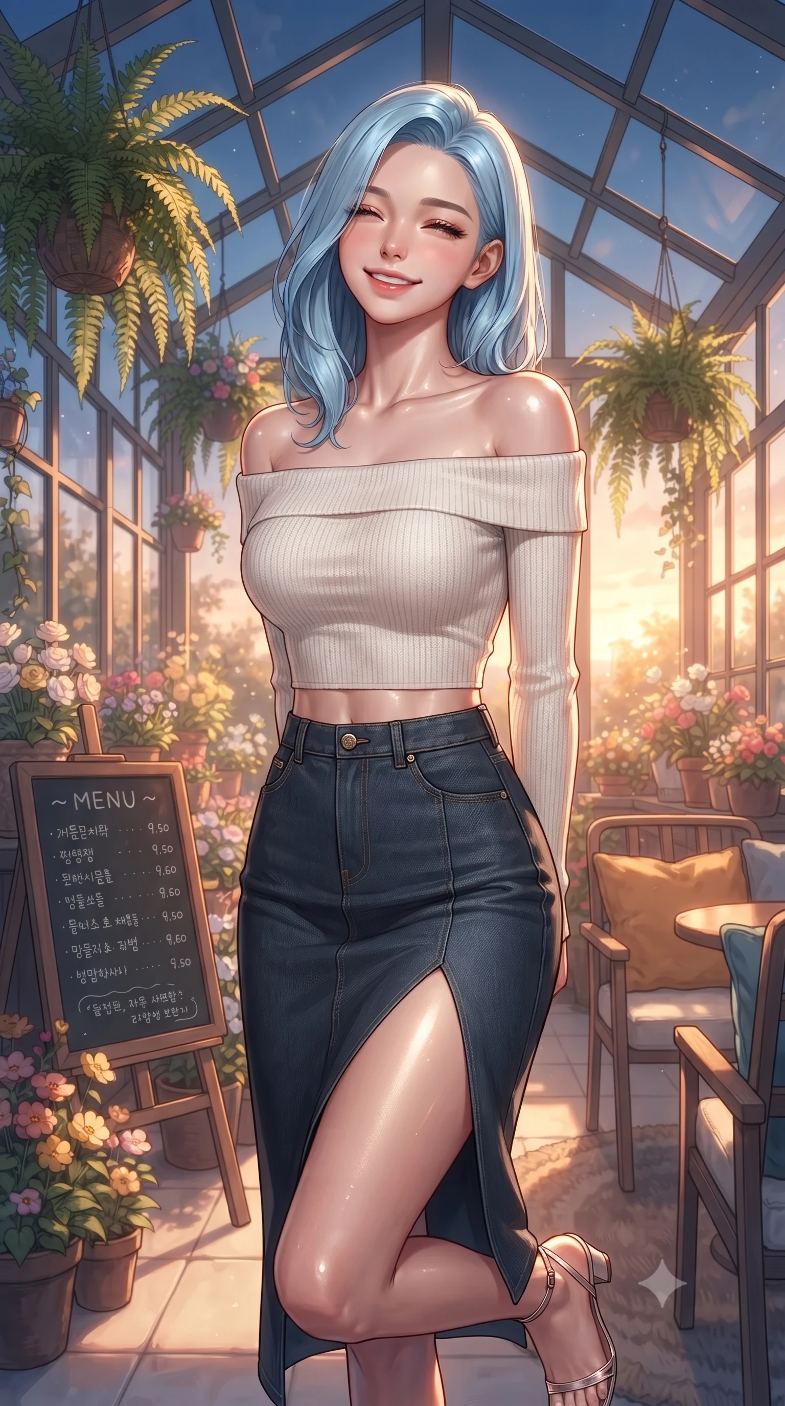 score_9, masterpiece, best quality, ultra-detailed, high-budget anime keyframe, editorial fashion photography, tasteful artistic composition, Korean woman. close-up cowboy shot from the waist and thighs up, the character dominates the composition, filling the frame with her large presence, background elements kept in soft focus. smiling happily with closed eyes, enjoying the warm sunbeams on her face set against a soft-focus background of in a quiet glass-roofed sunroom cafe filled with hanging ferns and flower pots with a handwritten menu board and cozy cushions on the chairs. She has an exceptionally elegant, slender, and willowy female figure with an ultra-slim waist, a gracefully sculpted slender torso, and a refined silhouette. sharp v-shaped jawline, high-bridge nose, intricate jewel-like eyes with depth, thick eyelashes, glossy lips with a natural sheen. wearing tailored stylish off-shoulder crop top paired with a high-slit denim midi skirt. soft candle glow and warm pendant lights clashing with the cool blue dusk sky. ultra-reflective glossy finish, specular highlights, metallic sheen, high-contrast stereoscopic depth, volumetric dynamic lighting, 2k, ultra detail, master piece, 9:16 ratio