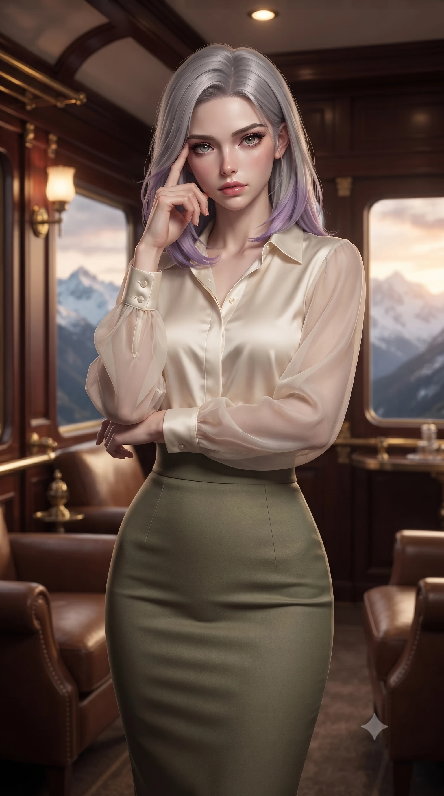 score_9, masterpiece, best quality, ultra-detailed, high-budget anime keyframe, editorial fashion photography, tasteful artistic composition, Caucasian woman, strictly human ears. close-up cowboy shot from the waist and thighs up, the character dominates the composition, filling the frame with her large presence, background elements kept in soft focus. Pressing two fingers to her temple in a composed thoughtful gesture. set against a soft-focus background of the observation car of a legendary luxury train crossing a spectacular mountain bridge at sunset with polished mahogany panels brass fittings leather armchairs and panoramic windows framing snow-capped peaks. She has an exceptionally elegant and slender, willowy female figure with an ultra-slim waist, a gracefully sculpted slender torso, and a refined slim physique. sharp v-shaped jawline, high-bridge nose, intricate jewel-like eyes with depth, thick eyelashes, glossy lips with a natural sheen. wearing a cream silk blouse with sheer chiffon sleeves, tucked into a high-waisted olive green pencil skirt. dramatic chiaroscuro with a single golden key light sculpting her silhouette. 2k, ultra detail, master piece, 9:16 ratio