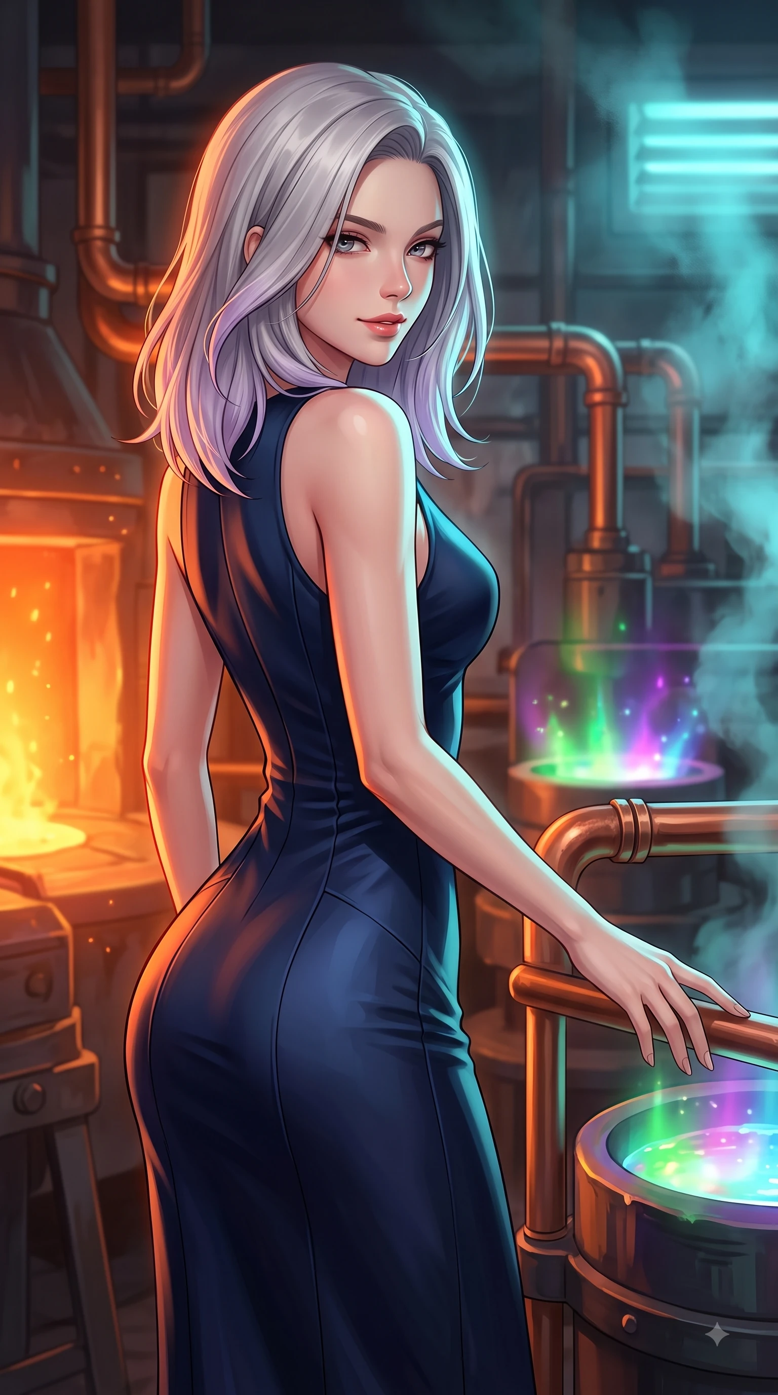 score_9, masterpiece, best quality, ultra-detailed, high-budget anime keyframe, editorial fashion photography, tasteful artistic composition, Caucasian woman woman. close-up cowboy shot from the waist and thighs up, the character dominates the composition, filling the frame with her large presence, background elements kept in soft focus. She has an exceptionally elegant, slender, and willowy female figure with an ultra-slim waist, a gracefully sculpted slender torso, and a refined silhouette. glancing sidelong over her shoulder with a smoldering, magnetic half-smile, flawlessly proportioned anatomical accuracy, natural body alignment, perfectly sculpted elegant limbs, clean dynamic posture without body distortion. set against a soft-focus background of a copper pipe industrial foundry with liquid aurora crucibles. wearing a sleek midnight navy silk column dress with form-contouring tailored seams. bathed in intense orange furnace light clashing with cool cyan steam highlights. highly saturated vibrant anime colors, detailed shading with soft gradients, rich glossy textures, high-contrast stereoscopic depth, volumetric dynamic lighting, master piece, 9:16 ratio