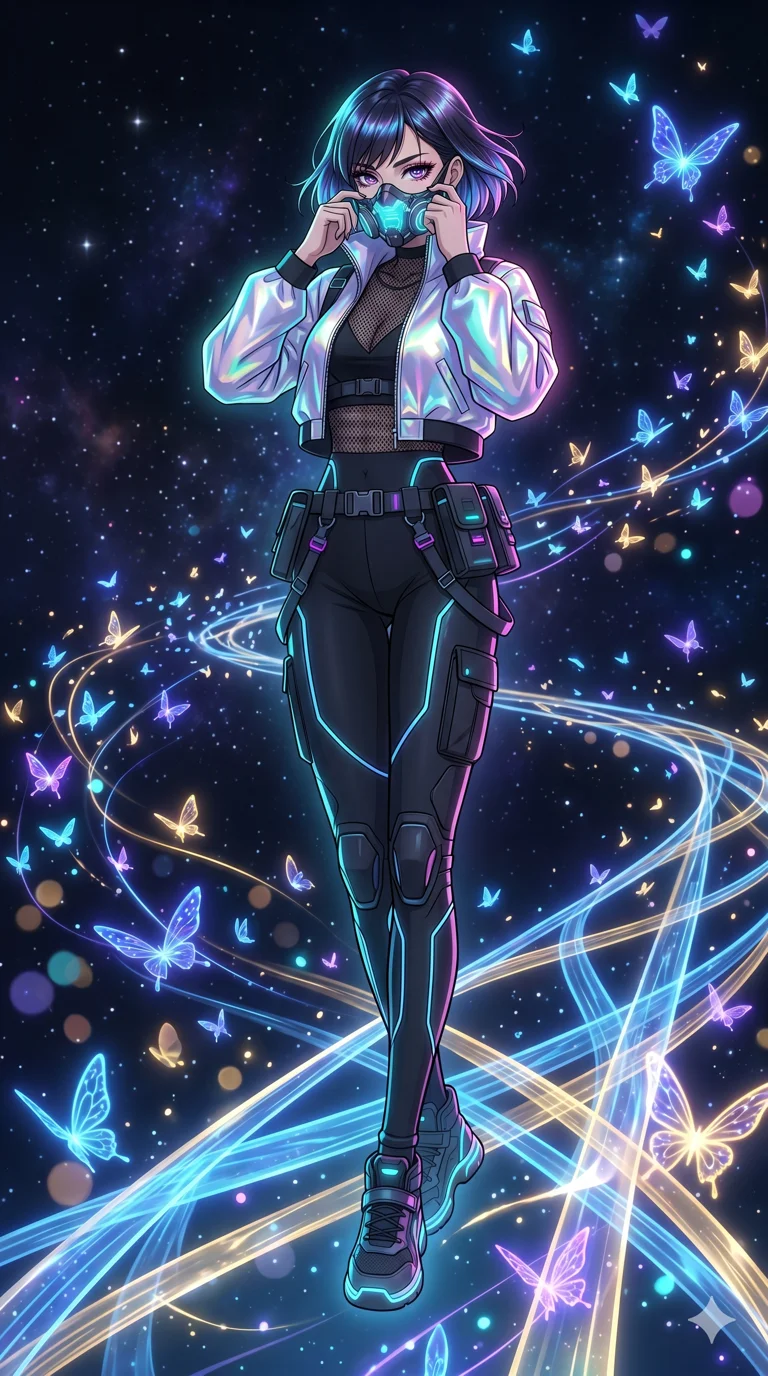 score_9, masterpiece, best quality, ultra-detailed, high-budget anime movie keyframe, cinematic anime lighting, intricate line art, Japanese anime girl. Low angle cowboy shot filling the entire 9:16 frame with her statuesque presence. adjusting a glowing mask in a celestial bridge made of light surrounded by glowing butterflies. She has an absolutely perfect 8-heads proportion, an exceptionally tall and slender female figure with an ultra-slim waist and impossibly long slender legs. sharp v-shaped jawline, high-bridge nose, intricate jewel-like eyes, thick eyelashes, glossy lips. Wearing modern urban tech-wear ensemble with a cropped reflective bomber jacket, ultra-slim high-waisted cargo leggings, and tactical harness with neon-lit pouches. The scene is illuminated by dramatic atmospheric lighting and vibrant color palettes. 2k, ultra detail, master piece, 9:16 ratio