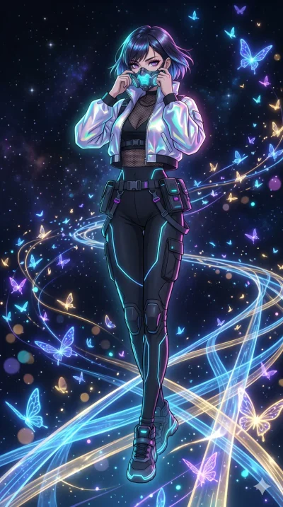 score_9, masterpiece, best quality, ultra-detailed, high-budget anime movie keyframe, cinematic anime lighting, intricate line art, Japanese anime girl. Low angle cowboy shot filling the entire 9:16 frame with her statuesque presence. adjusting a glo