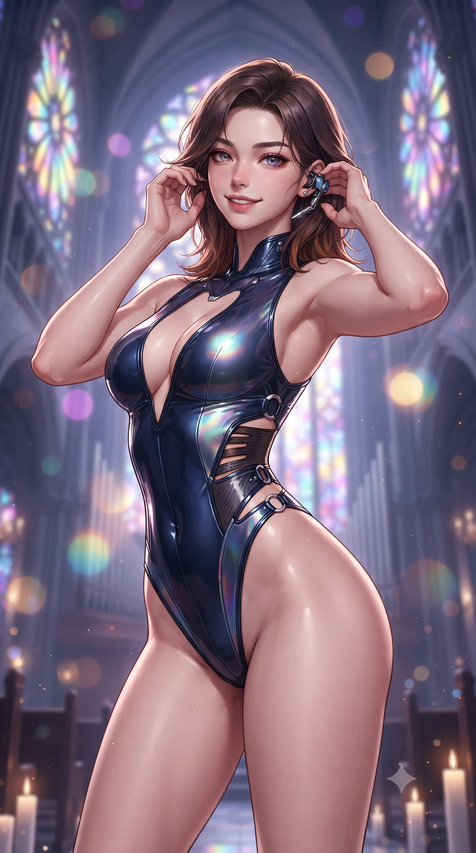 score_9, masterpiece, best quality, ultra-detailed, high-budget anime keyframe, editorial fashion photography, tasteful artistic composition, Korean woman. close-up cowboy shot from the waist and thighs up, the character dominates the composition, filling the frame with her large presence. tilting her head with a captivating smile while arching her spine with dancer poise, one hand adjusting her ear comm-link in a flirtatious S-curve while standing centered in the soaring nave beneath monumental holographic rose windows, arching her spine with divine cybernetic majesty. The background shows a soft-focus soaring gothic cyber-arches and massive laser pipe organs playing visible light frequencies blurred into stained-glass rainbow, violet, and gold bokeh. She has an exceptionally elegant, slender, and willowy female figure with an ultra-slim waist, flat toned midriff, narrow ribcage, and sculpted feminine hips creating an alluring, slim hourglass silhouette without bulk. sharp v-shaped jawline, high-bridge nose, intricate jewel-like sparkling eyes with depth, thick eyelashes, glossy parted lips with a natural sheen, bright confident smile with an enchanting and coquettish sensual glint, exuding both youthful magnetic charm and sovereign high-tech allure, flawlessly proportioned anatomical accuracy, strict slender model proportions, natural body alignment, perfectly sculpted long slender limbs, ultra-slim waistline, clean dynamic posture without body distortion. wearing a glossy vinyl and carbon-fiber hybrid bodysuit with a plunging neckline and high-cut leg openings in midnight navy blue and holographic iridescent shimmer, crafted from sheer technical cyber-lace reinforced with ultra-thin Kevlar threads, finished with sharp laser-cut side ventilation slits framed by silver hardware rings, the precision-cut side openings and low-back scoop framing her graceful spine and the sensual sweep of her slim, toned hips. illuminated by altar floor candle LEDs and sharp gold-and-violet rim lighting sculpting her razor-sharp jawline, narrow waist, and curvy hips. ultra-reflective glossy finish, specular highlights, rich textural contrasts, high-contrast stereoscopic depth, volumetric dynamic lighting, 2k, ultra detail, master piece, 9:16 ratio