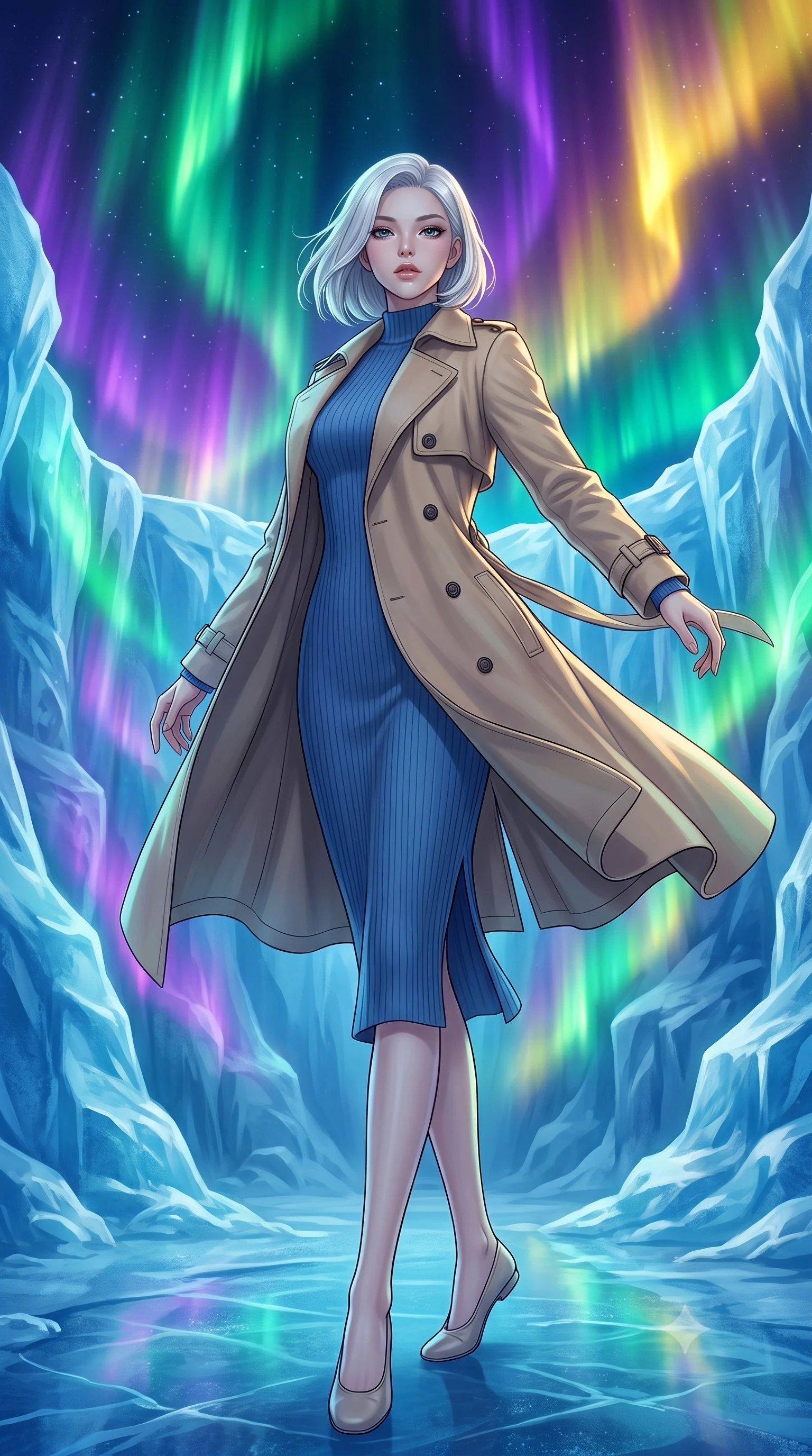 score_9, masterpiece, best quality, ultra-detailed, high-budget anime keyframe, editorial fashion photography, tasteful artistic composition, Korean woman. low angle full-body shot from head to toe showing her feet, filling the entire 9:16 vertical frame with her statuesque presence, stretching her vertical silhouette. twirling with balletic elegance inside a natural ice amphitheater on a frozen planet where magnificent plasma auroras form a living curtain of green violet and gold serving as an ever-shifting cosmic stage backdrop. She has a statuesque 8.5-heads proportion, an exceptionally tall, slender and willowy model-like build with impossibly long legs and a highly sculpted ultra-slim waist. sharp v-shaped jawline, high-bridge nose, intricate jewel-like eyes with depth, thick eyelashes, glossy lips with a natural sheen. wearing a classic double-breasted beige trench coat layered over a French blue mock-neck ribbed midi dress. the aurora overhead casts shifting curtains of emerald green electric violet and solar gold light that sweep across the ice surfaces creating dynamic color-changing illumination. 2k, ultra detail, master piece, 9:16 ratio