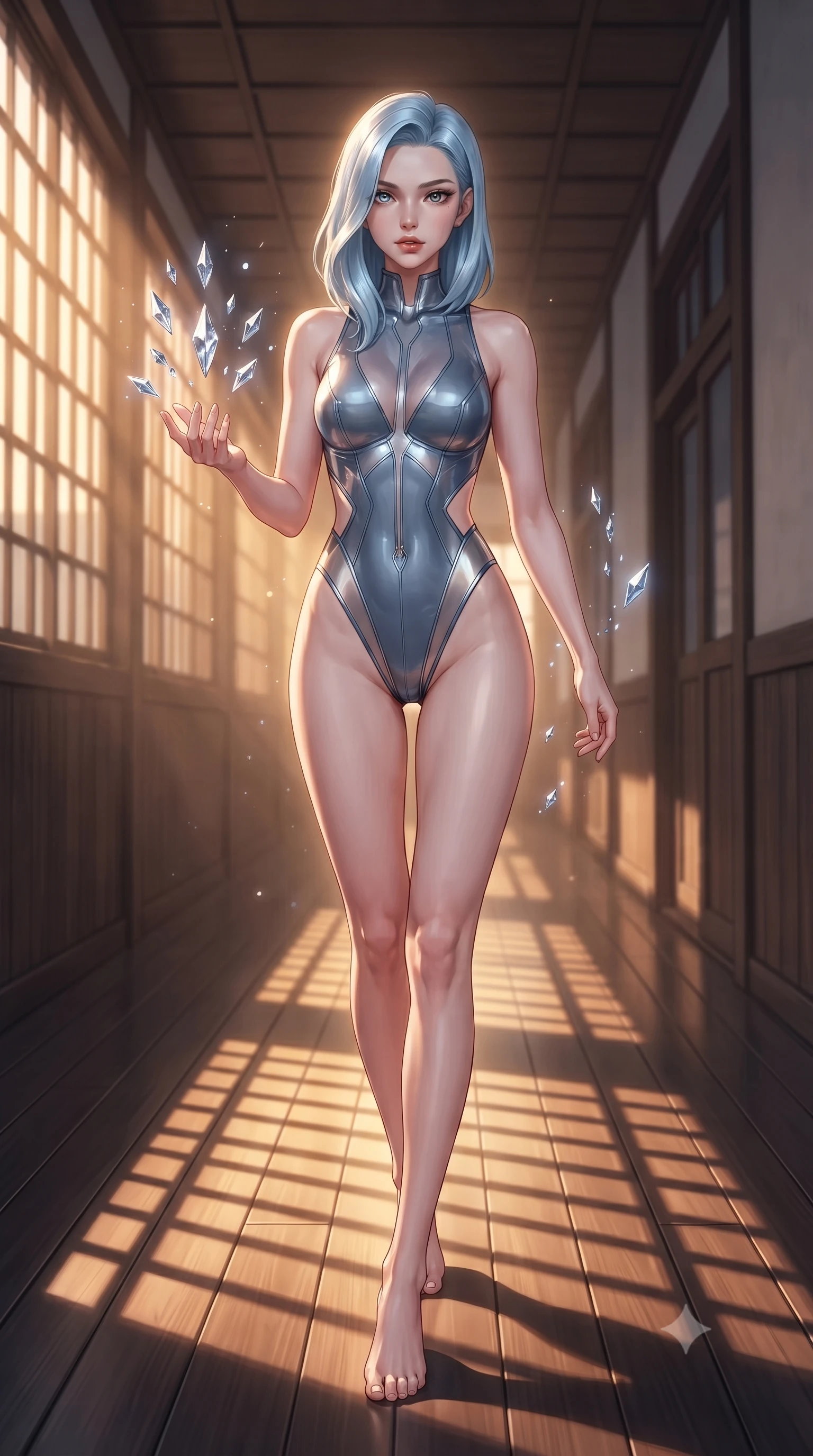 score_9, masterpiece, best quality, ultra-detailed, high-budget anime keyframe, editorial fashion photography, tasteful artistic composition, Korean woman. low angle full-body shot from head to toe showing her feet, filling the entire 9:16 vertical frame with her statuesque presence, stretching her vertical silhouette. interacting gracefully with the magical floating elements while maintaining a confident posture walking down a quiet wooden school hallway illuminated by warm golden hour rays, golden hour sunbeams casting dramatic fence grid shadows on the roof deck. She has an absolutely perfect, statuesque 8.5-heads proportion, an exceptionally tall and slender model-like female figure with impossibly long slender legs and an ultra-slim waist. sharp v-shaped jawline, high-bridge nose, intricate jewel-like eyes with depth, thick eyelashes, glossy lips with a natural sheen. wearing a high-cut translucent vinyl leotard with front paneling and open back in slate blue and metallic silver, formed from sleek second-skin neoprene, featuring subtle geometric cutouts that highlight her ultra-slim midriff, the sleek second-skin texture accentuating her magnetic presence. surrounded by a serene, nostalgic golden aura with soft backlighting. ultra-reflective glossy finish, specular highlights, metallic sheen, high-contrast stereoscopic depth, volumetric dynamic lighting, 2k, ultra detail, master piece, 9:16 ratio